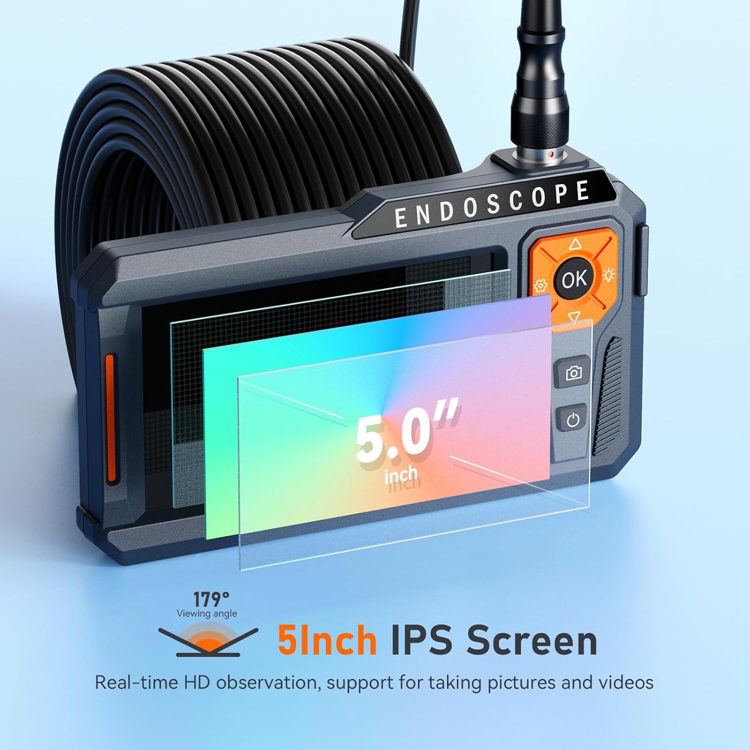 50FT Triple Lens 5" IPS Borescope Inspection Camera, Ginocaco 1080P Digital Video Endoscope with Light, Waterproof Scope Camera with Semi-Rigid Cable, Drain Pipe Tool, Carrying Case, 32G Card