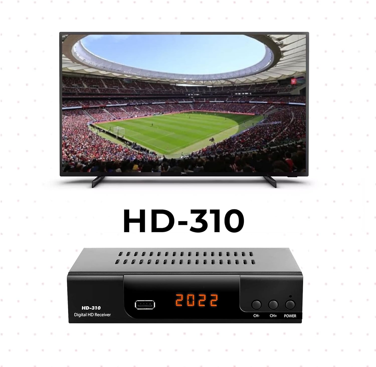 HD-line HD-310 Digital HD Satellite Receiver connected to a television displaying satellite content