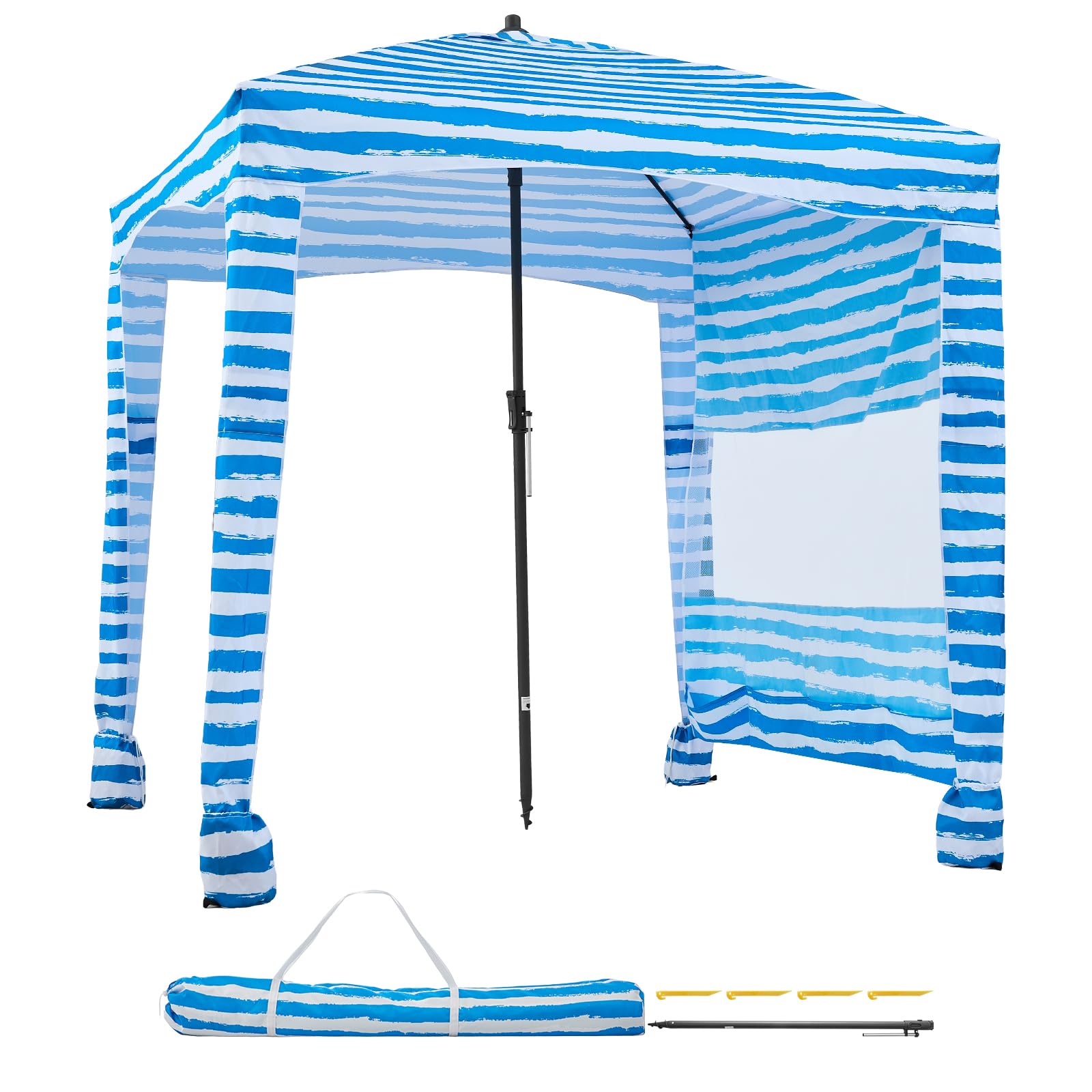 VEVOR Tenda da Spiaggia da 1830 x 1830 x 2290 mm, con Parete Laterale e Tasche per la Sabbia, Ombrellone Parasole Portatile Regolabile in Altezza per Famiglia e Amici, Blu Chiaro Striature Bianche