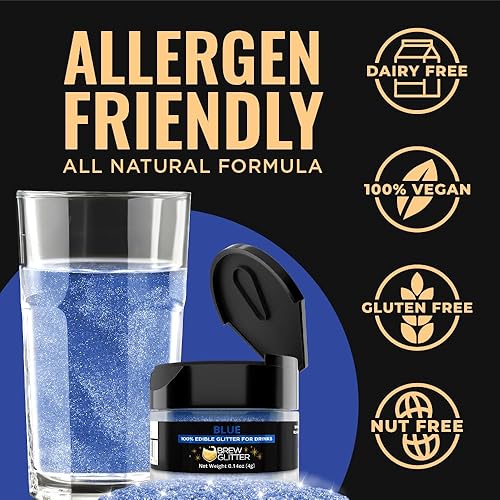 Miniatura 166 de Brew Glitter - Purpurina comestible para bebidas, cócteles, cerveza, adornar bebidas Certificado Kosher y Halal 100% comestible y de grado Azul