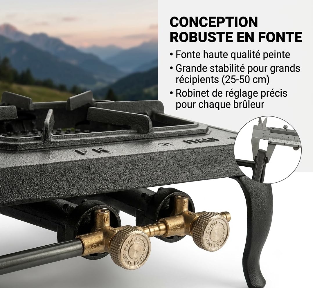 Réchaud à Gaz 2 Feux Europa en Fonte Peinte 8 kW Butane/Propane | Fabriqué en Italie, 580 g/h Consommation, Camping et Extérieur, Art. 03050