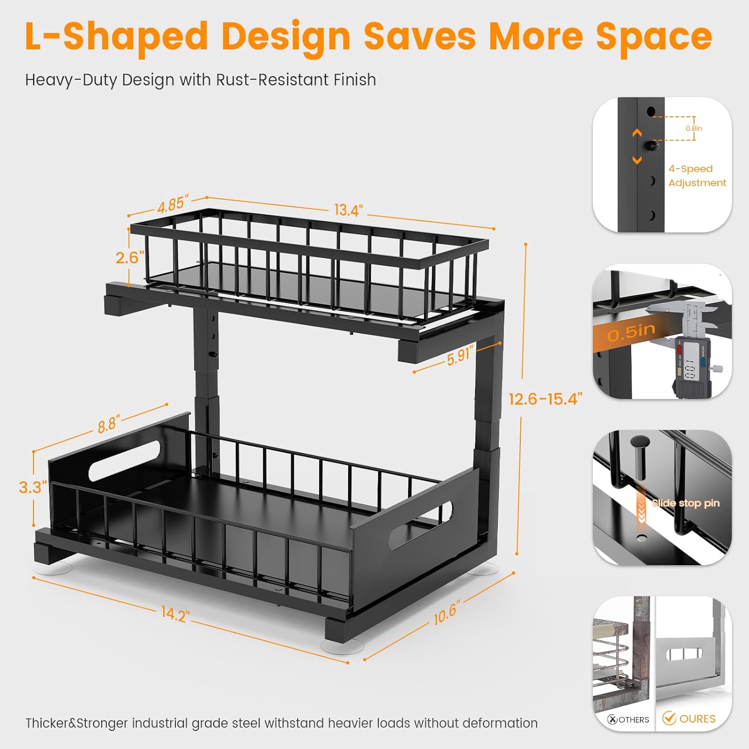 Under Sink Organizer, Heavy Duty Metal Pull Out Cabinet Organizer Slide Out Sink Shelf Organizer Height Adjustable, Multi-Purpose Storage Shelf for Kitchen Bathroom(Black,2Pack) - Image 6