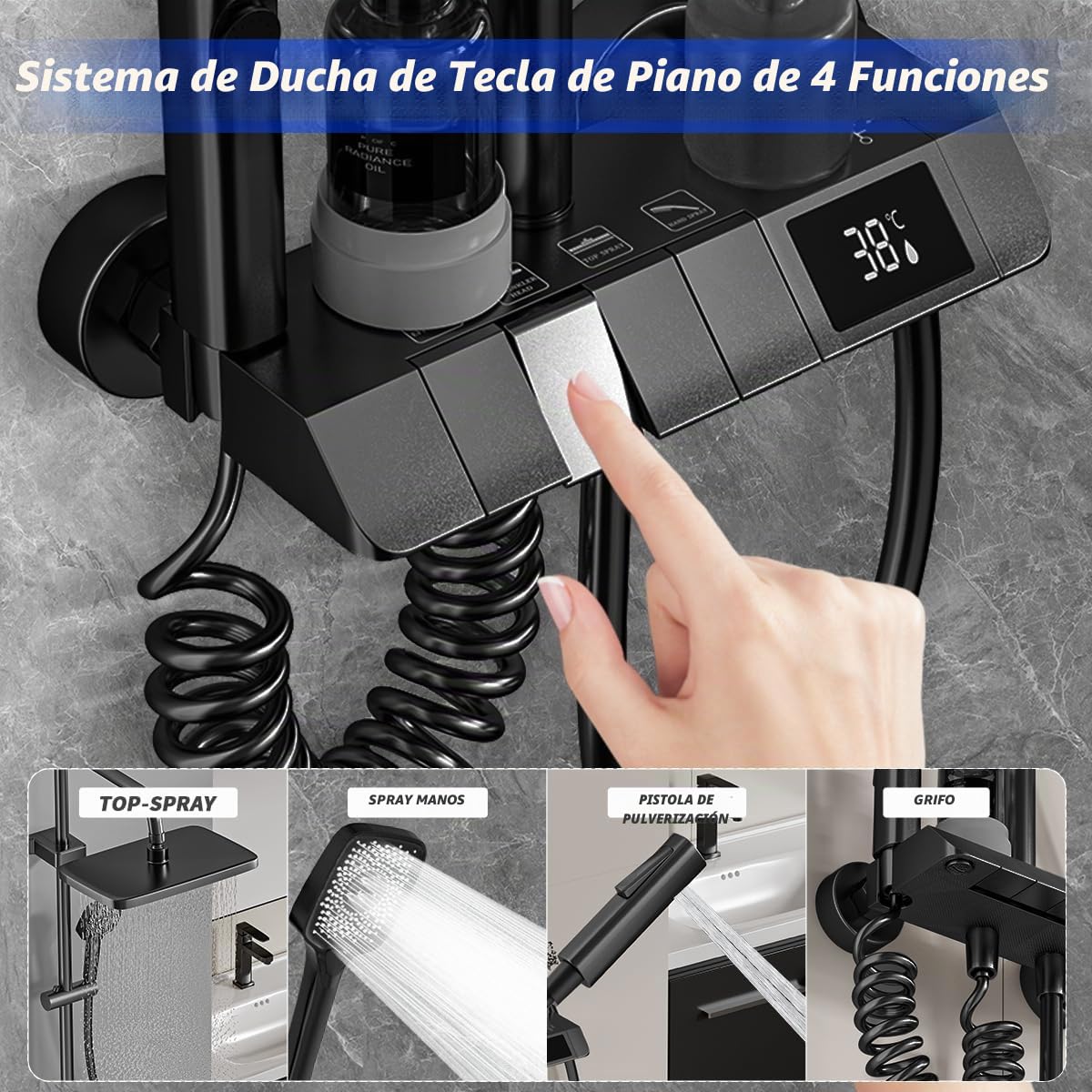 Columna de Ducha con Grifo, diseño de llave de piano, 30x20cm Cabezal de Ducha de Lluvia, Pantalla Digital LED, Altura Ajustable, Multifuncional para el Confort del Baño