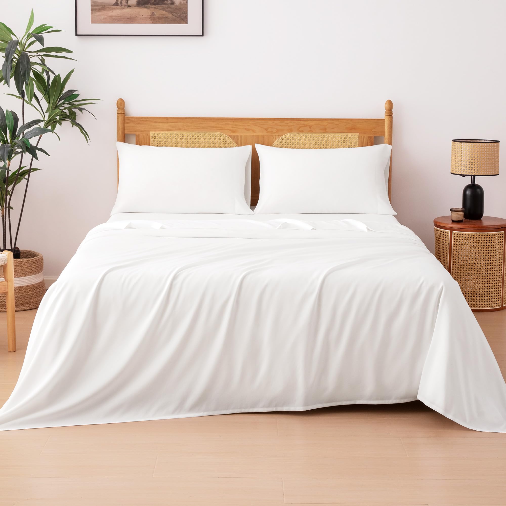 Photo 1 of Amazon Basics Bamboo Viscose Sheet Set, Queen, White
