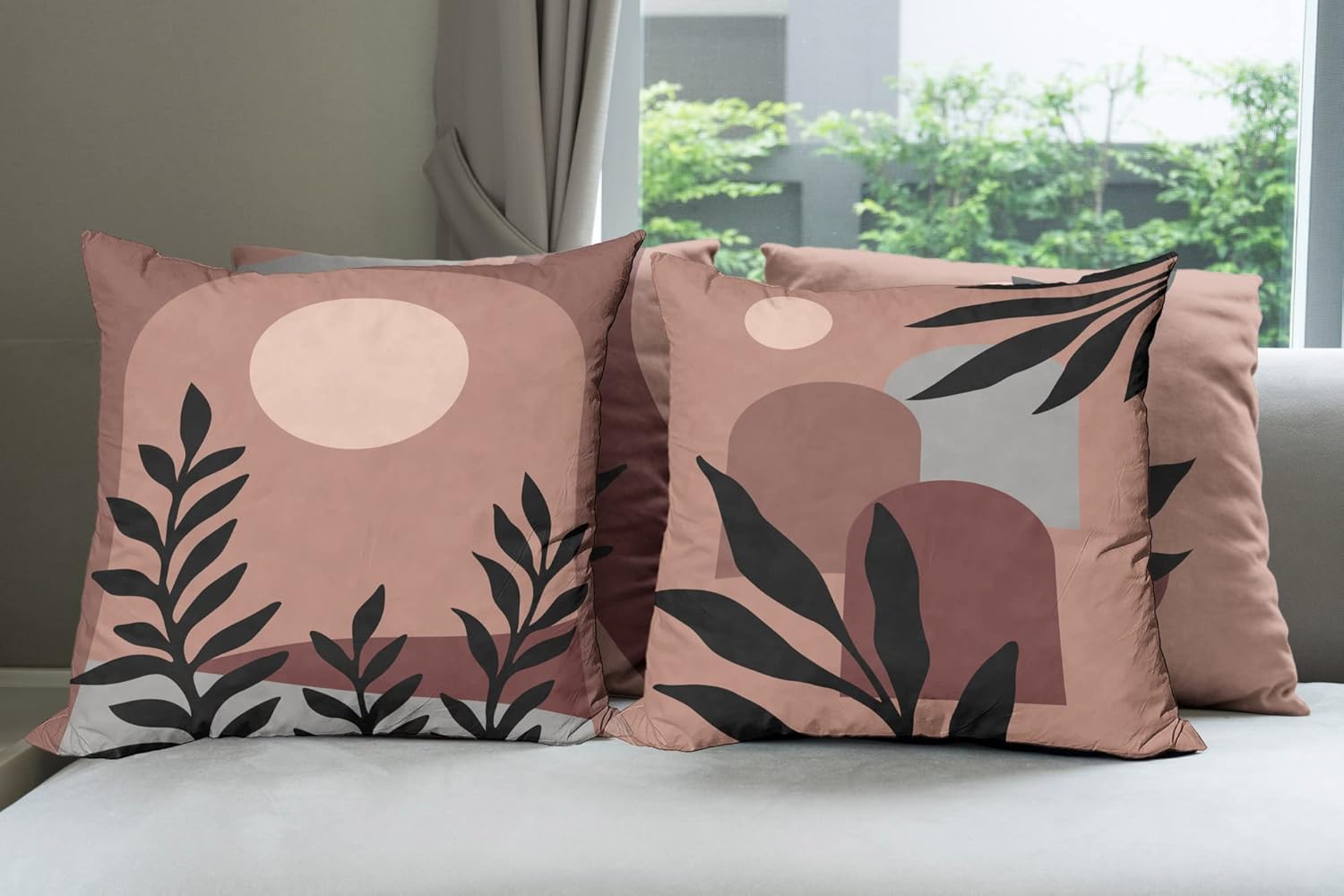 Ambesonne Minimal Throw Pillow Cushion Case Pack of 4, Modern Style Leaf Branch and Geometric Abstract Details Contemporary, Modern Accent Double-Sided Printing, 20" x 12", Pale Rust Dimgray Peach
