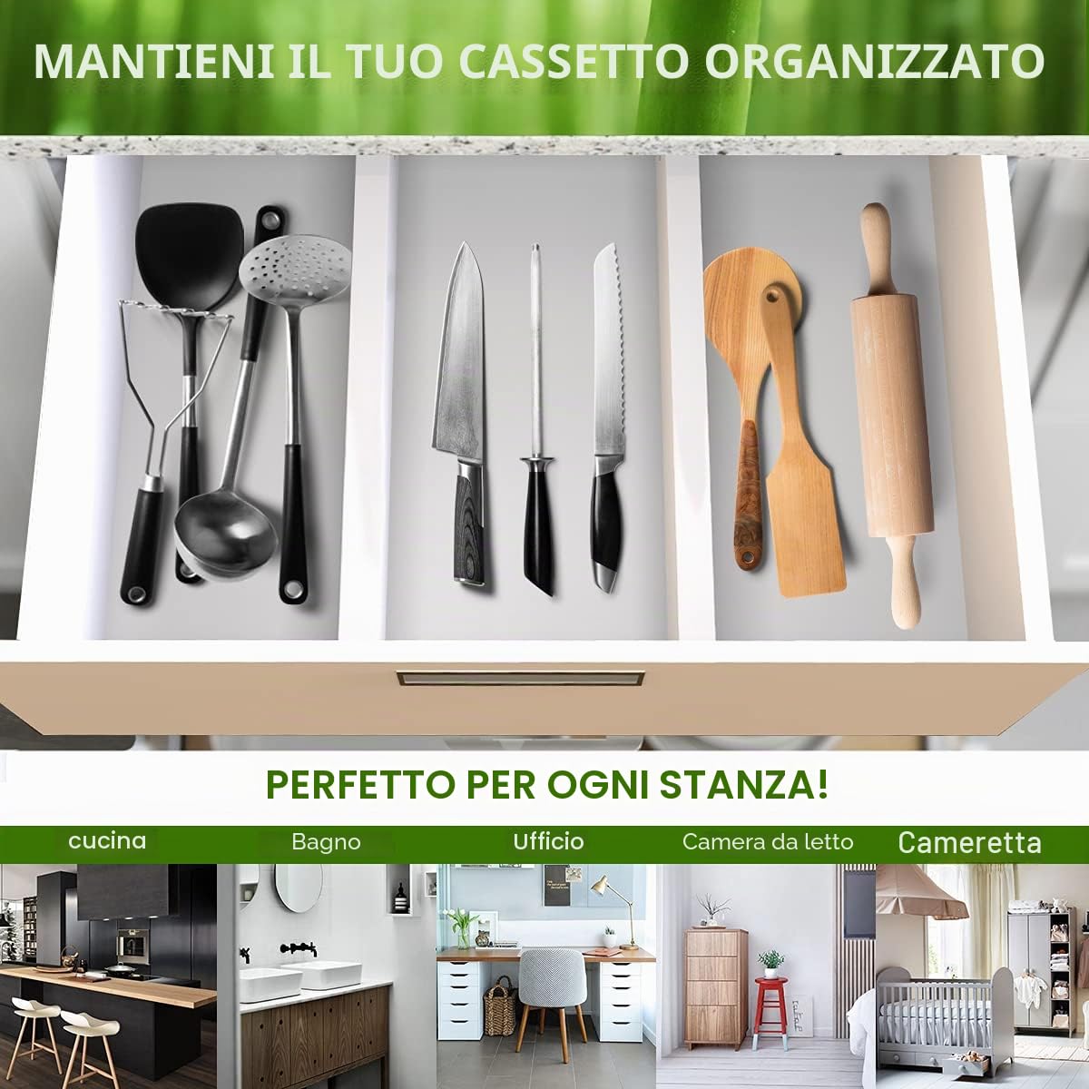ANTOWIN Divisori per cassetti in bambù, separatori per cassetti, lunghezza 43,2-55,9 cm, organizer regolabile a molla per utensili grandi, vestiti, cassetti degli attrezzi, confezione da 6 divisori +