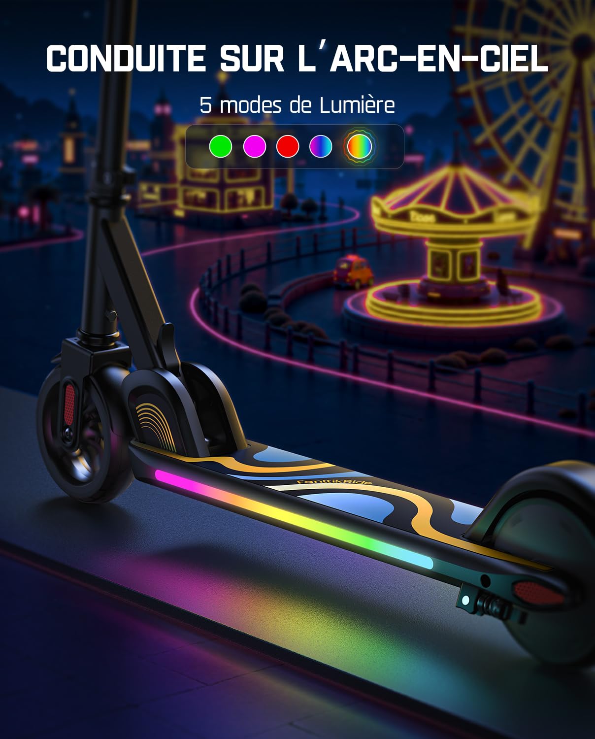 FanttikRide C9 Pro Trottinette Électrique Enfant 1,2-1,6 m, Lumières Arc-en-Ciel, Vitesses 8/13/16 km/h, Autonomie 8 km, Écran LED, Hauteur Réglable, Pliable, Charge maximale 60 kg