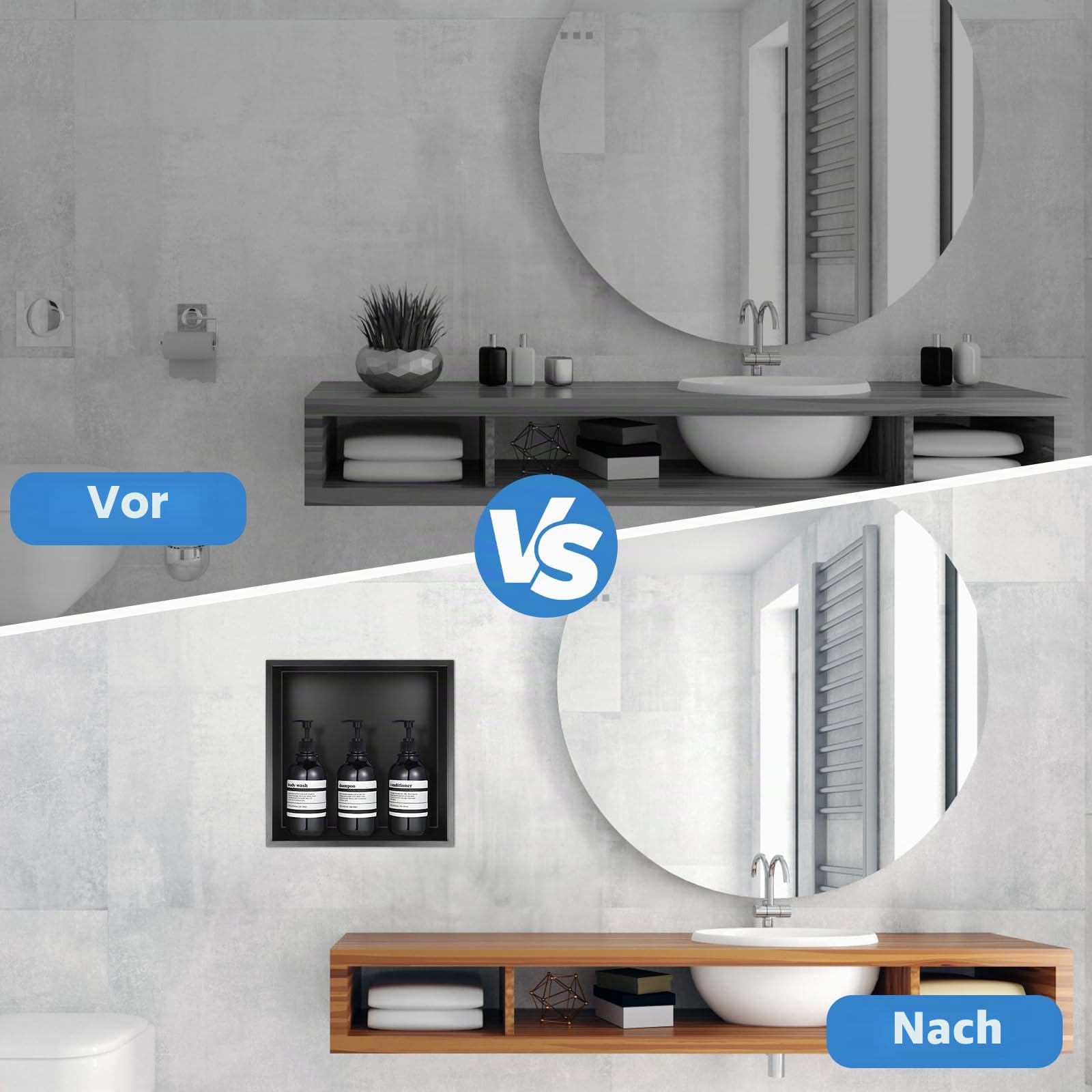 DBREAKS Wandnische Dusche Edelstahl, 32 * 32 * 10cm Duschnische, Duschnische Eingebettete Lagerung, Wandnische Einzelregal Lagerung für Badezimmer, Duschablage Randlos(Schwarz)