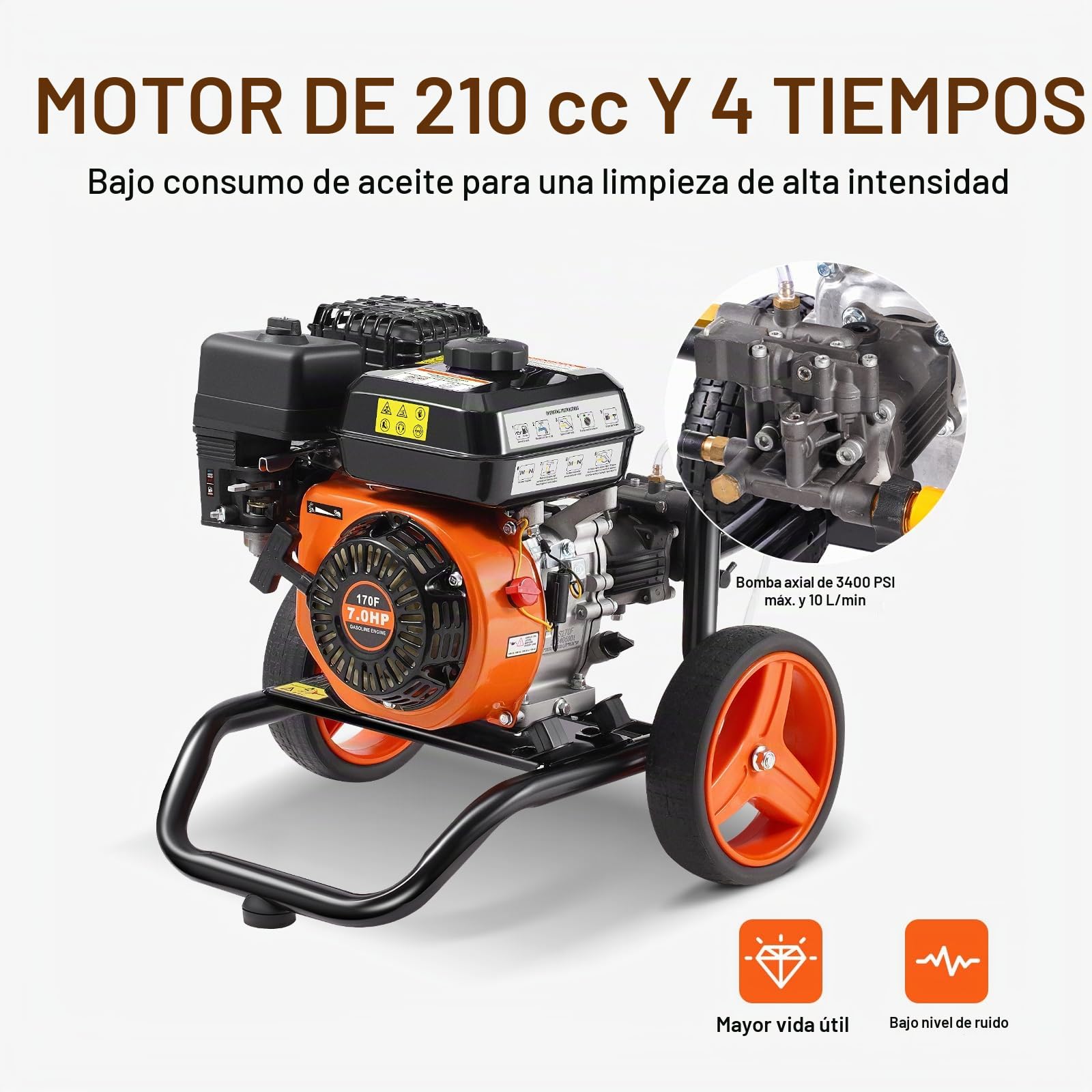 VEVOR Lavadora de Alta Presión a Gas Vertical 3400 PSI 2,6 GPM Limpiador de Alta Presión 10 L/min con Bomba de Aluminio, Pistola Rociadora, Varilla de Extensión, 5 Boquillas para Casas, Vehículos