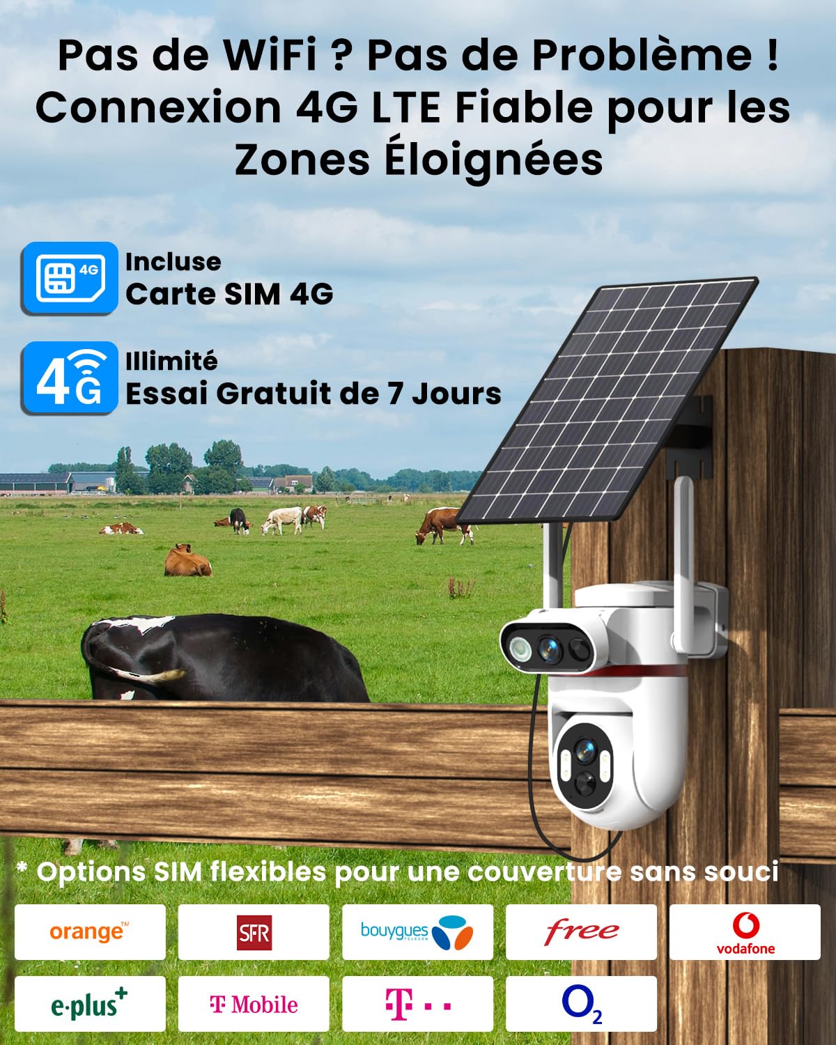 UCOCARE 24/7 AOV 4G LTE Camera Surveillance Solaire Exterieure, Double 4MP | 4G Carte SIM, Solaire 8W, Batterie 15800mAh, Détection IA, Suivi Auto 360°, Vision Nocturne Couleur, Alertes App, SD & Cloud