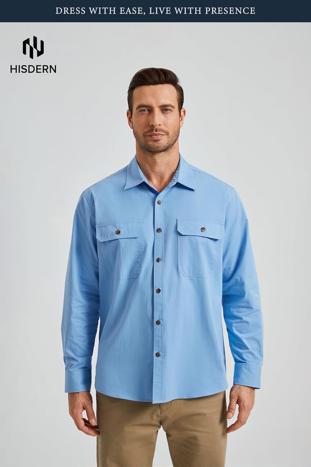 HISDERN 335 Men Long Sleeve Work Shirts with Two Pockets Cotton Button Down Up Shirt Casual Relaxed Fit Workshirt Man - Image 4
