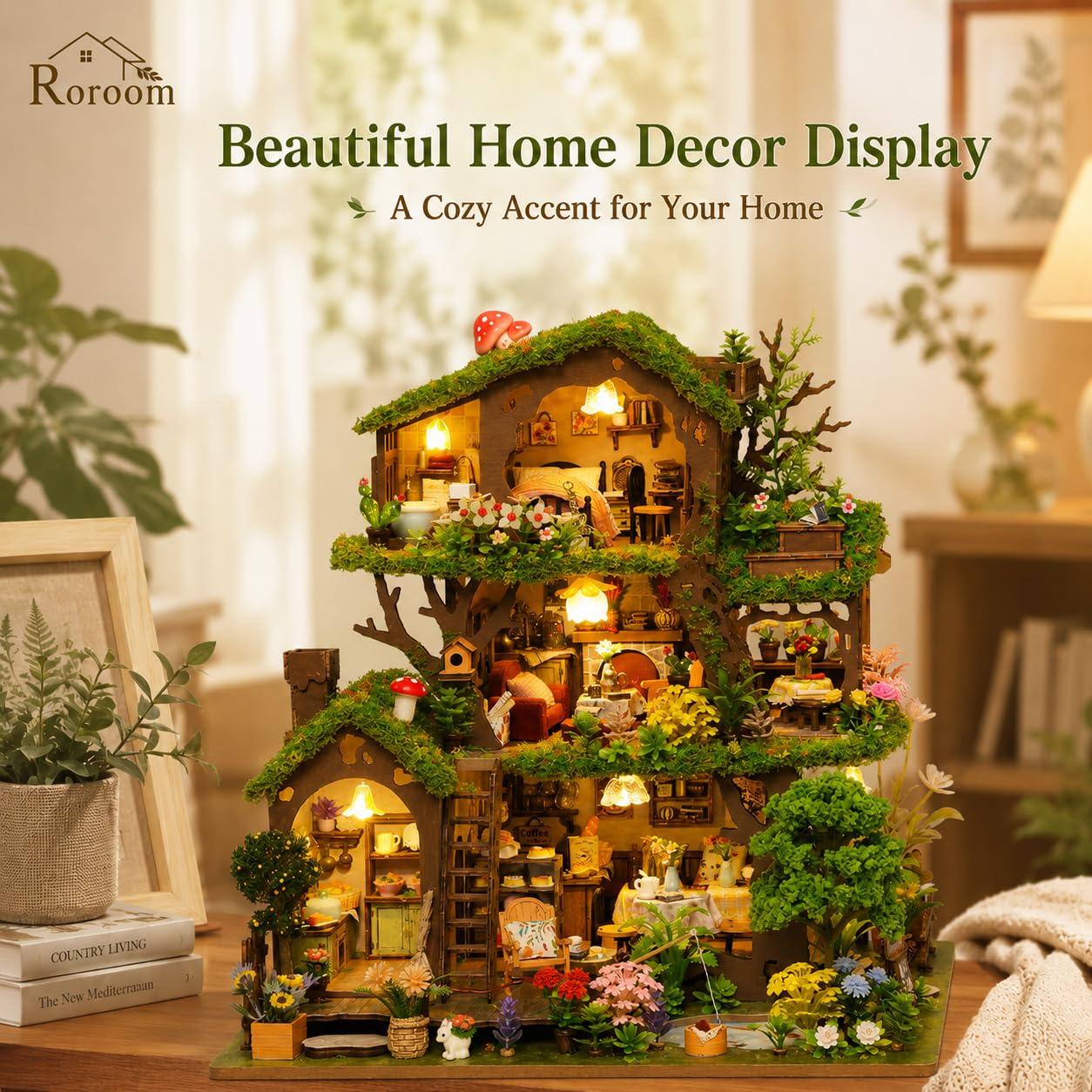 Roroom Miniatur Haus, Wald-Baumhaus Puppenhaus aus Holz | mit warmem LED-Licht und Musikbox, 3D Holzpuzzle Bastelset für Regal- und Zimmer Deko, kreatives Geschenk für Naturfans