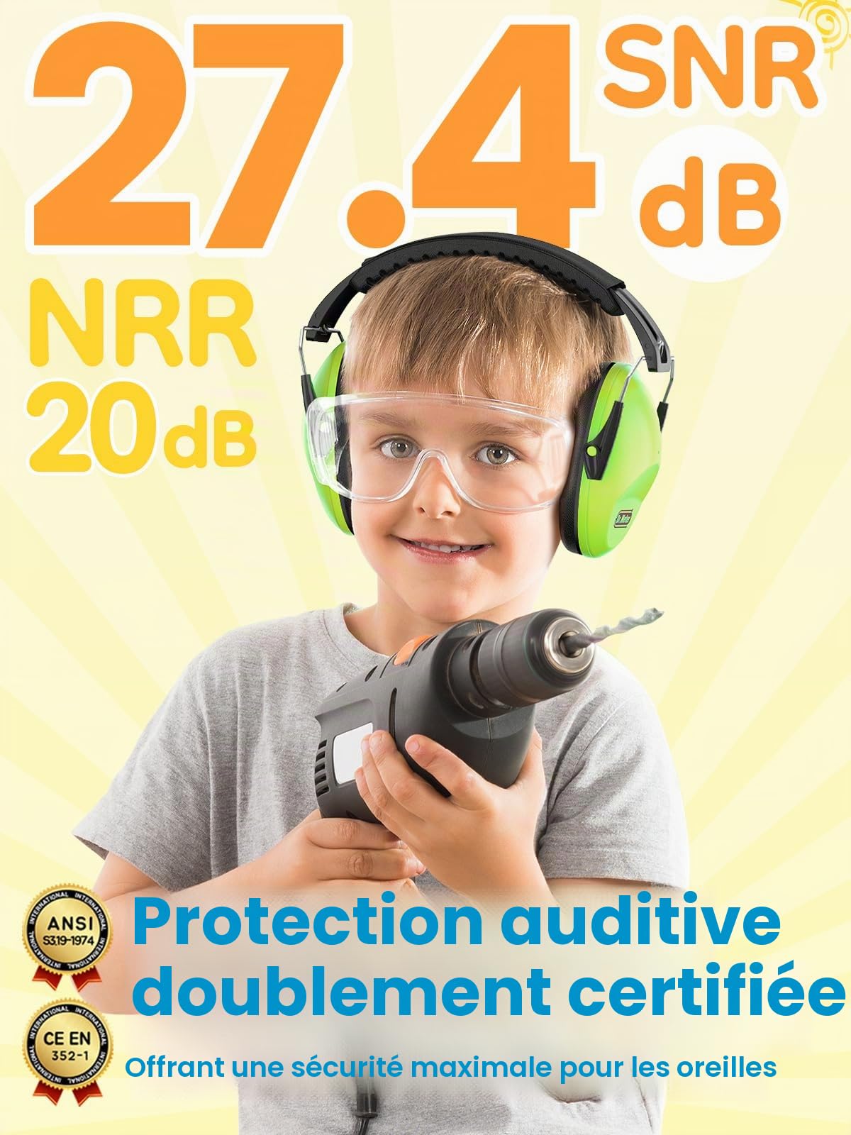 Dr.meter Protège-oreilles pour enfants, casque antibruit SNR 27,4 dB avec suppression de bruit pour enfants atteints de TSA, capteurs sensoriels, bandeau réglable, protection auditive