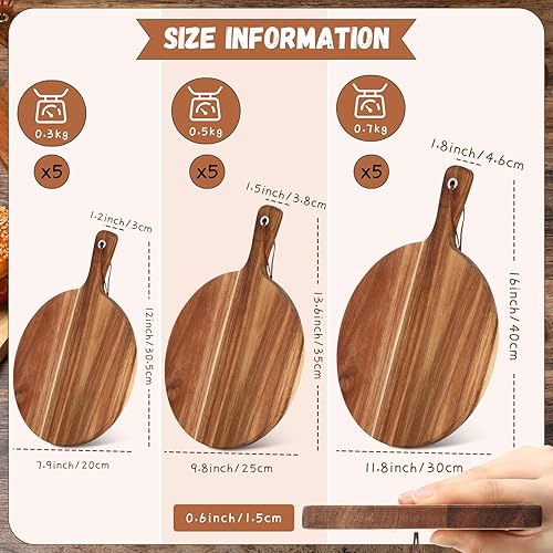 Miniatura 2 de Uiifan Paquete de 15 tablas de cortar de madera de acacia con mango grueso y redondo, tablas de cortar de acacia de 3 tamaños para servir queso,