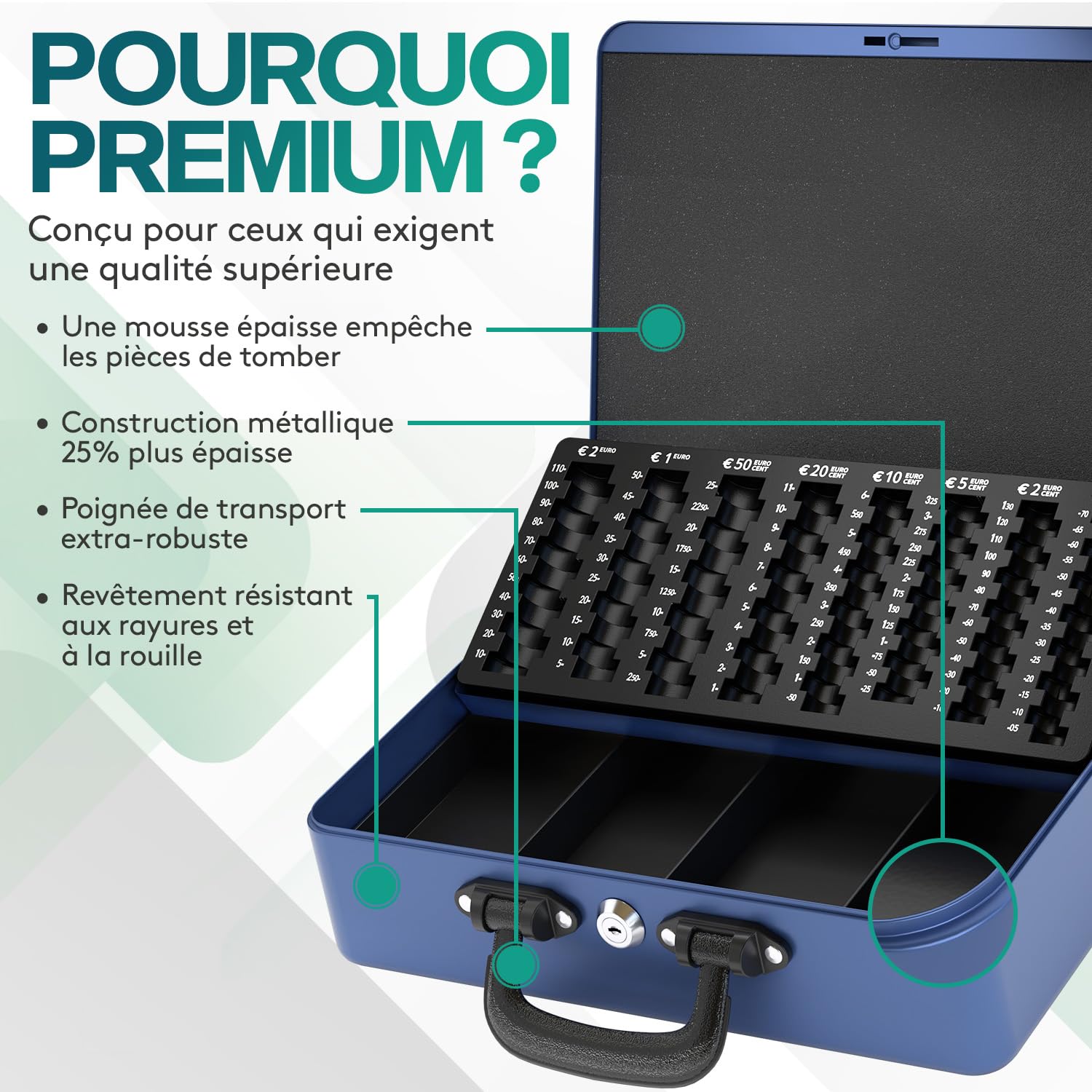ACROPAQ Caisse monnaie grande professionelle avec monnayeur et 2 clés, Bleu