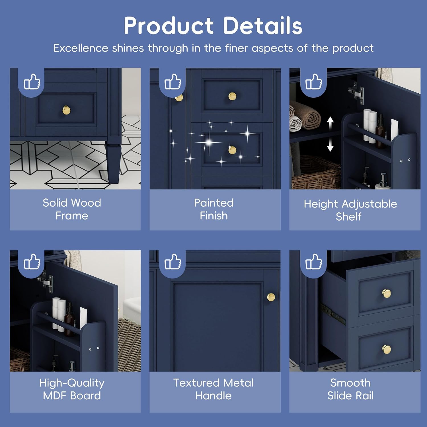 Detailed features of Virubi vanity including solid wood frame, painted finish, and smooth slide rails