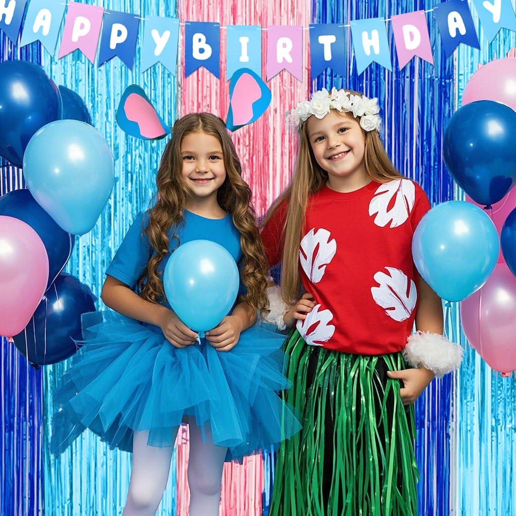 Cartoon Birthday Decorations, 2 Pack Luau Party Photo Booth Props, Blue Pink Fringe Curtains Tinsel Photo Streamers Backdrop for Cartoon Birthday Party Supplies