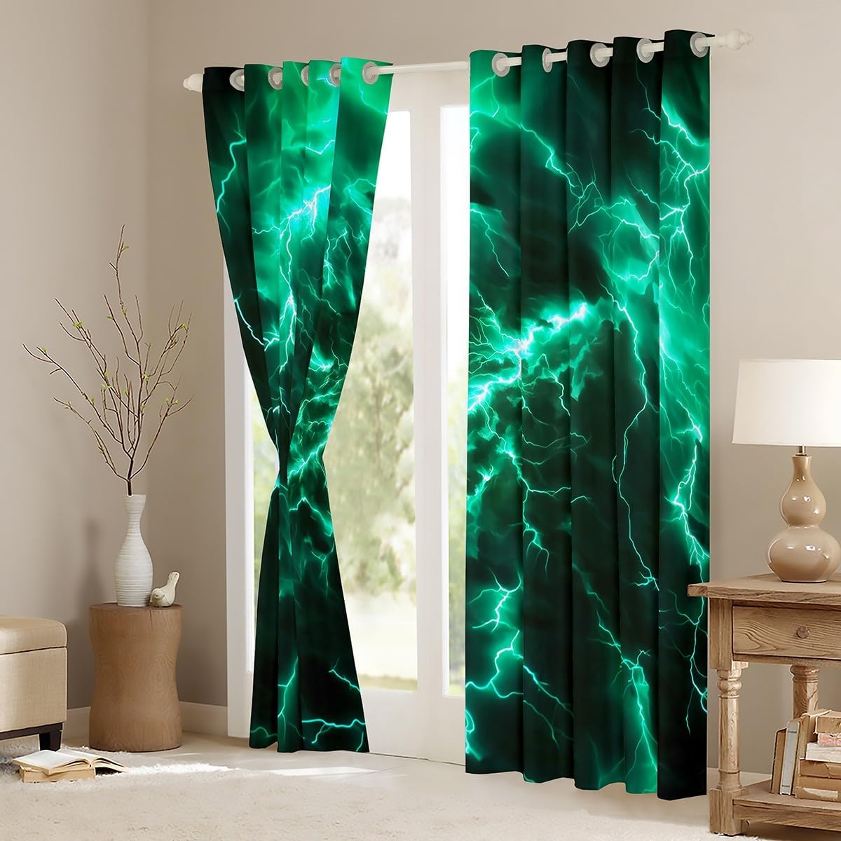 Geometric Lightning Kids Window Curtains,Flash Natural Disaster Modern Window Drapes for Girls Boys,Abstract Nature View Black Fashion Window Treatments Grommet Top 2 Panel Set,38Wx54L inch