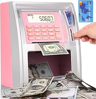 Kids Talking ATM Piggy Bank for Real Money with Dual Debit Cards, Power-Off Memory, Auto-Opening Drawer, Onekey Shutdown, Bill Feeder, Coin Recognition, Balance Calculator Machine