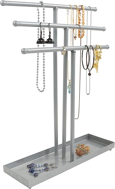 BELLE VOUS Silver Metal 3 Tier Jewellery Display Stand & Storage Base Tray Holder - Tree Tabletop Hanging Organiser - Hanger for Necklaces, Bracelets, Rings, Watches & Earrings