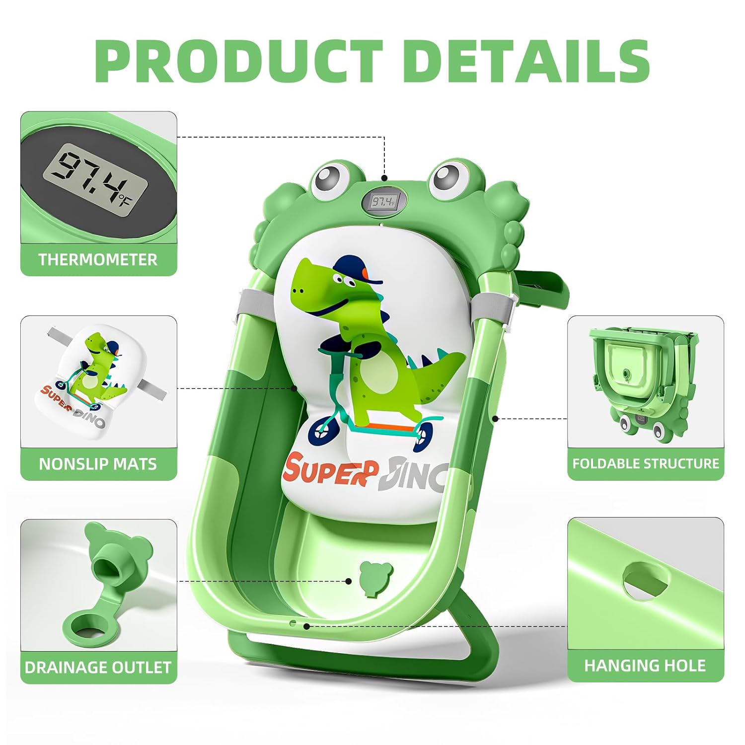 Collapsible Baby Bathtub for Newborns to Toddler with Real-time Temp Monitor & Floating Cushion,Portable Travel Tub for 0-36 Month, Foldable Baby Bath Tub for Infants(Vivid Green)