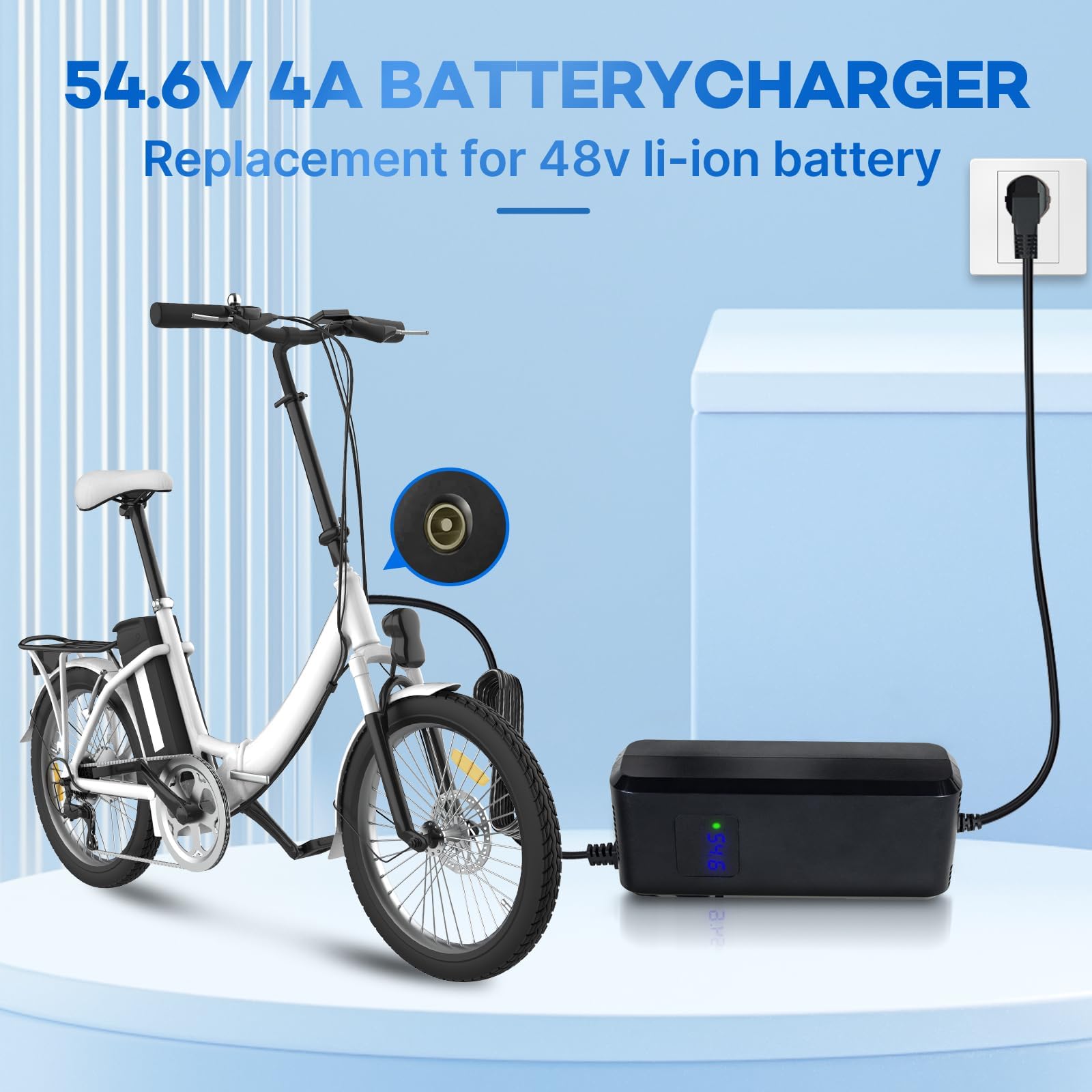 Ładowarka do akumulatora litowego 48 V do roweru elektrycznego/skutera elektrycznego, wtyczka DC z otworem 5,5 × 2,1 mm, zasilacz 54,6 V 4 A z wbudowanym wentylatorem, ze wskaźnikiem
