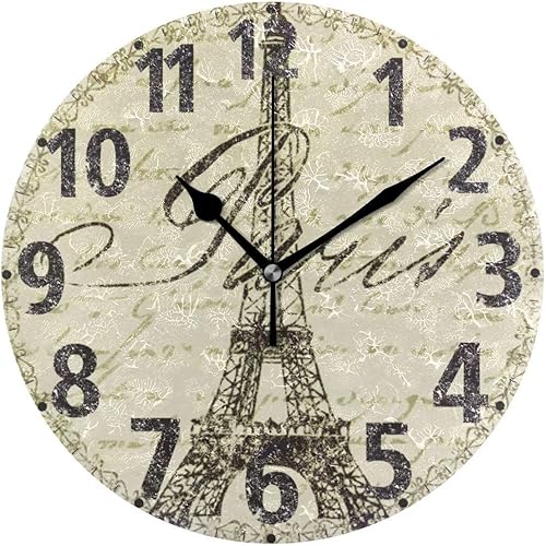 Miniatura 1 de Pfrewn Reloj de pared de la Torre Eiffel París, silencioso sin tictac, estilo retro floral de Inglaterra, cuarzo analógico, material ecológico,