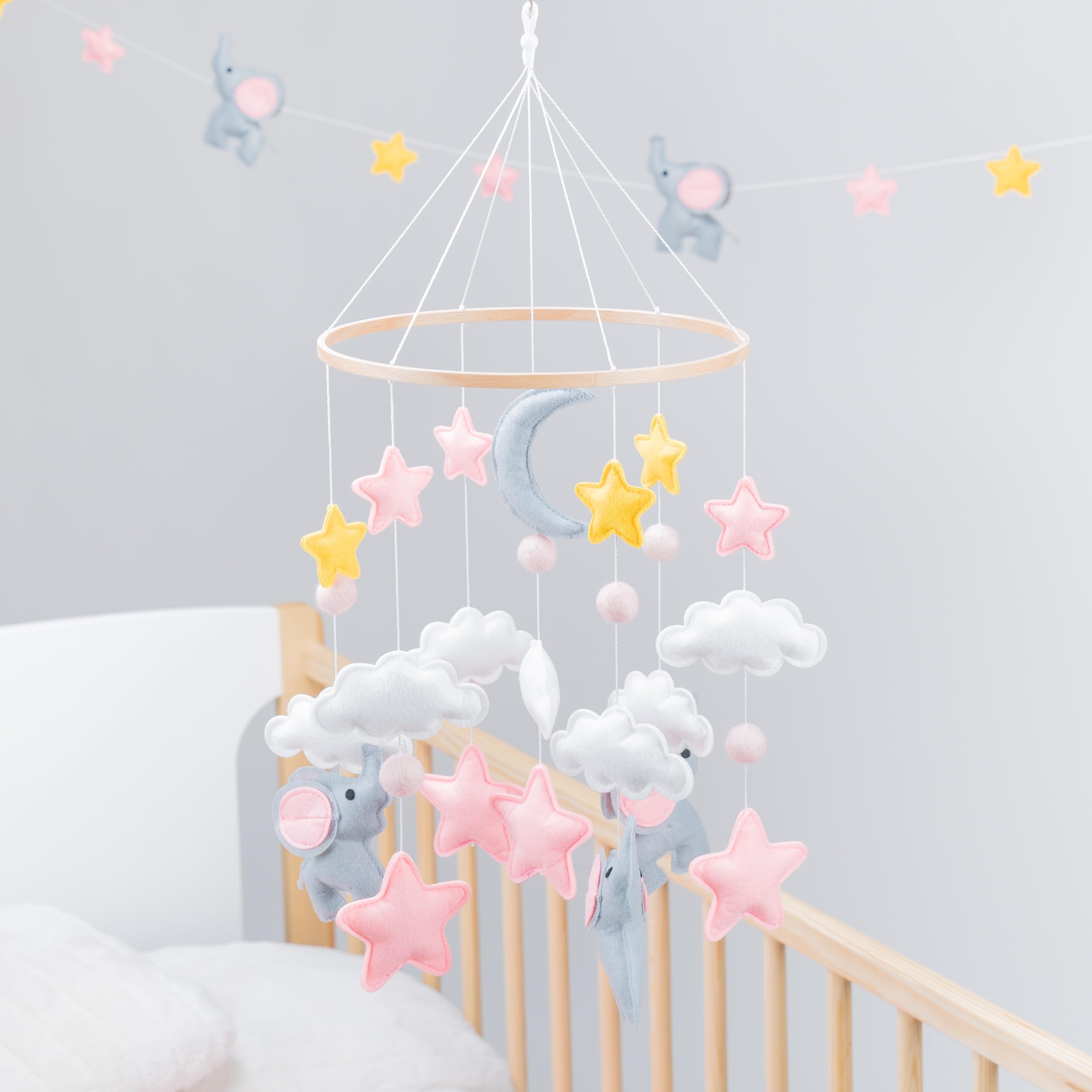 Elephant Mobile for Crib - A Grey and Pink Elephant Crib Mobile with Matching Garland