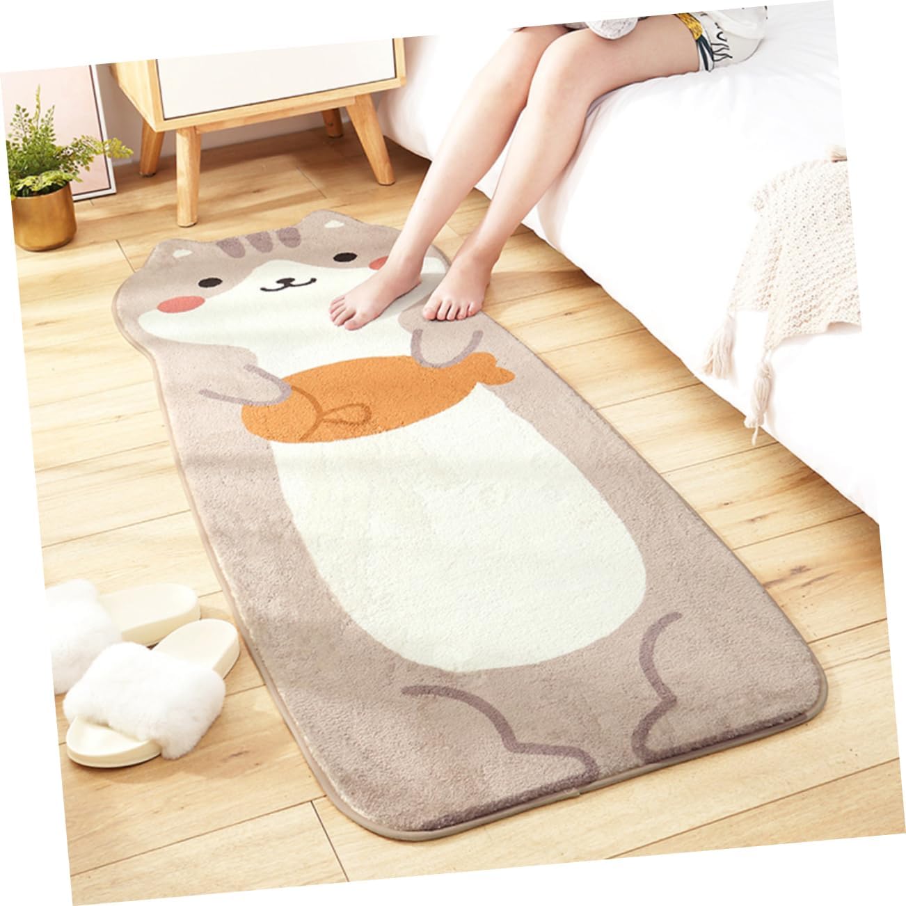 Cat Shaped Door Rug Lambswool Floor Mat Anti-Skid Water Absorbent Decorative Comfortable Light Grey