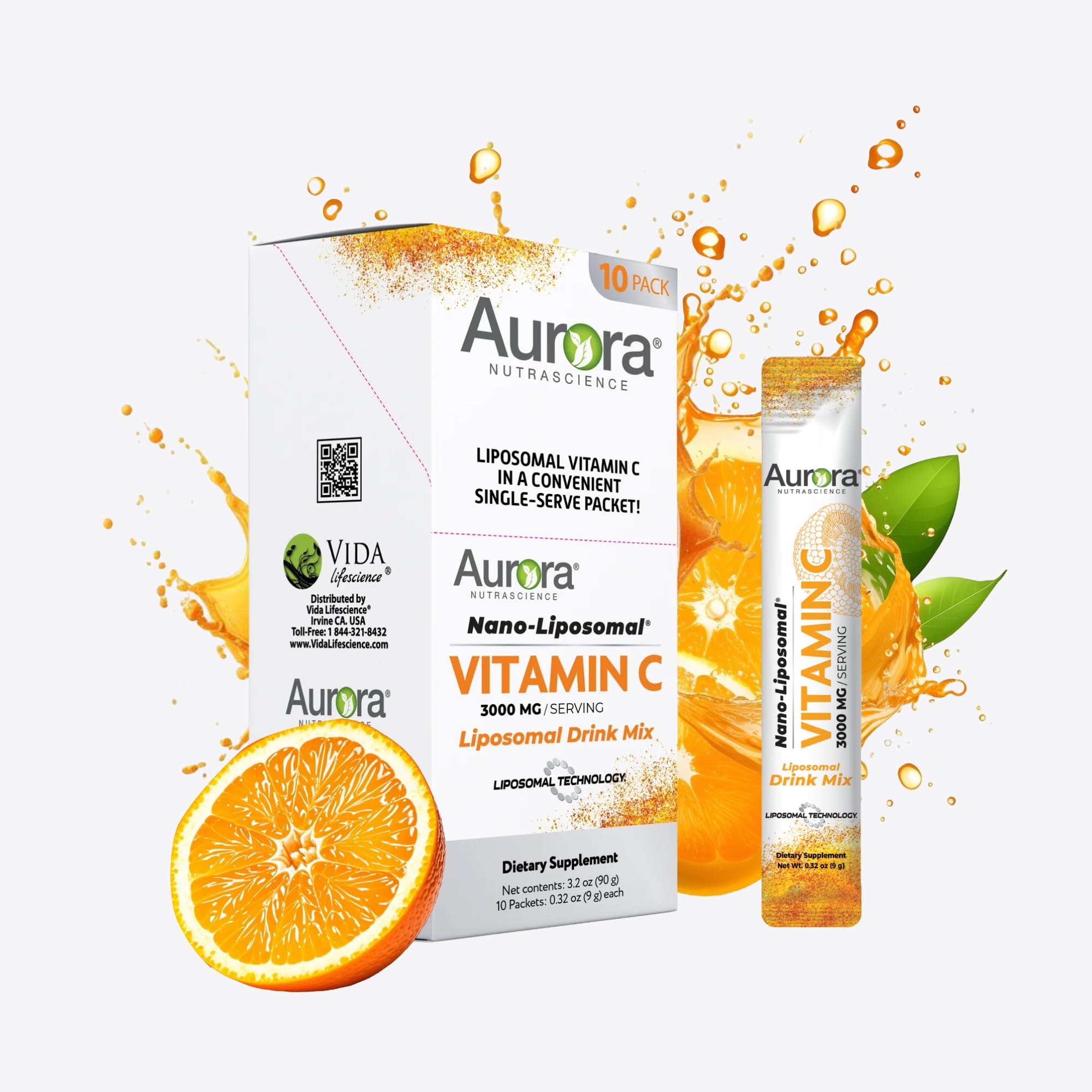 Aurora Nutrascience, Nano-Liposomal Vitamin C, Immune Support Vitamin Drink Mix, High Strength 3,000 mg Per Serving, 10 Single Serve Packets