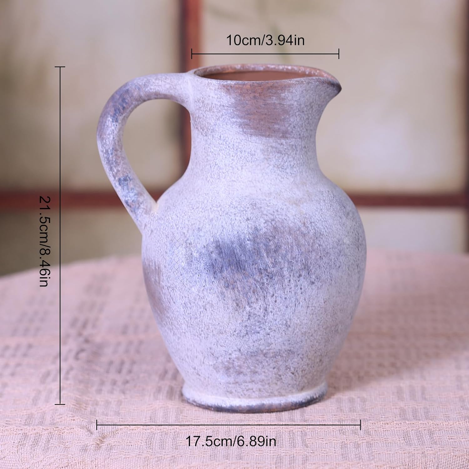 Rustic Ceramic Pitcher Vase with Handle, Vintage Jug Style Decorative Flower Vase, Farmhouse Boho Tabletop Centerpiece for Pampas Grass, Eucalyptus, Dining Table and Entryway Decor (Gray)