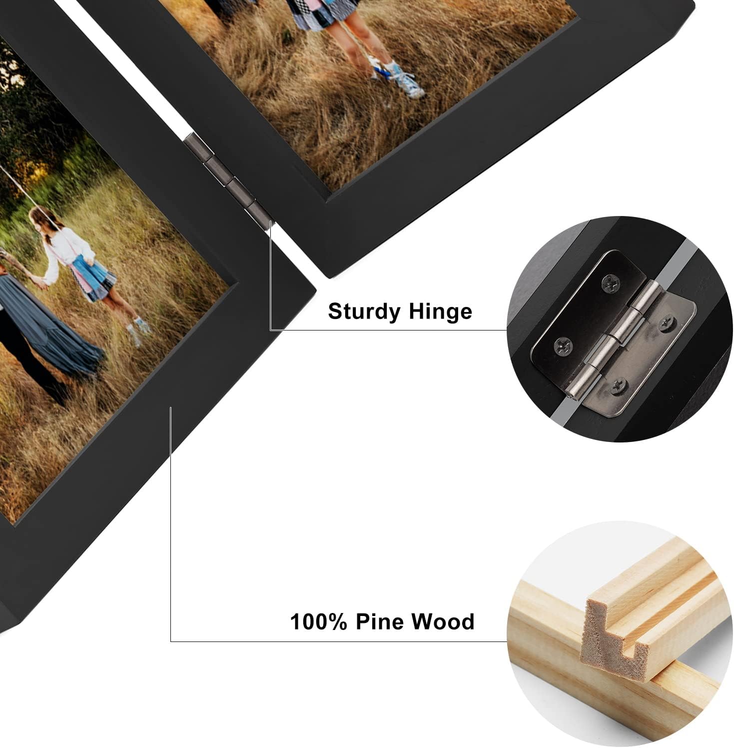 Double Horizontal Picture Frames Hinged Folding Photo Frames Poster Frames in Black Made of Pine Wood with Real Glass for Wall Hanging or Tabletop Standing, Display Pictures 4x6 with Mat or