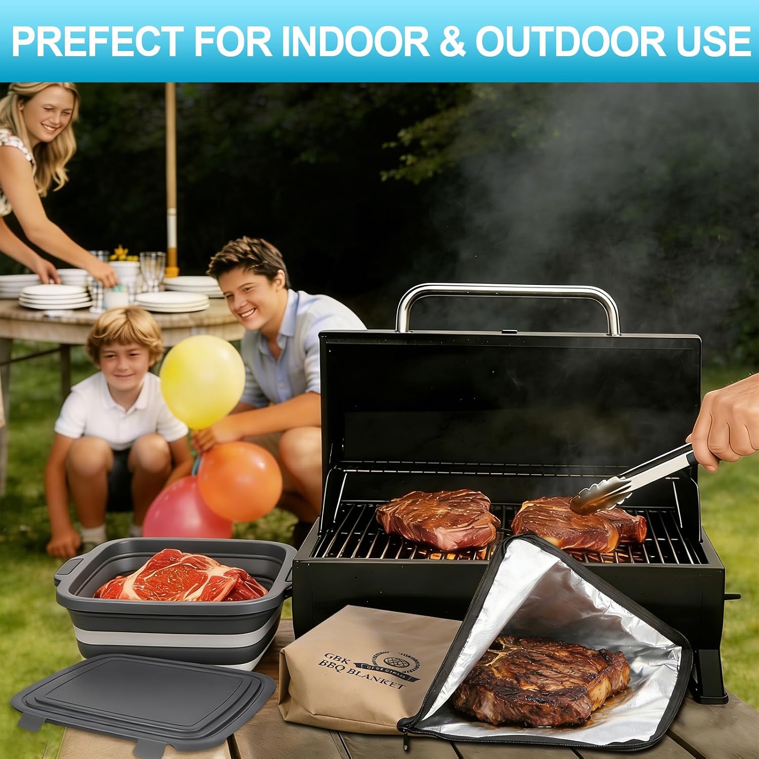 Collapsible Large BBQ Prep Tub 16L & BBQ Resting Bag, Foldable Cutting Board with Lid, BPA Free Silicone Dish Bowl, Leak Free Drain Hole for Meal Prep, Marinating, Food Storage(Black)