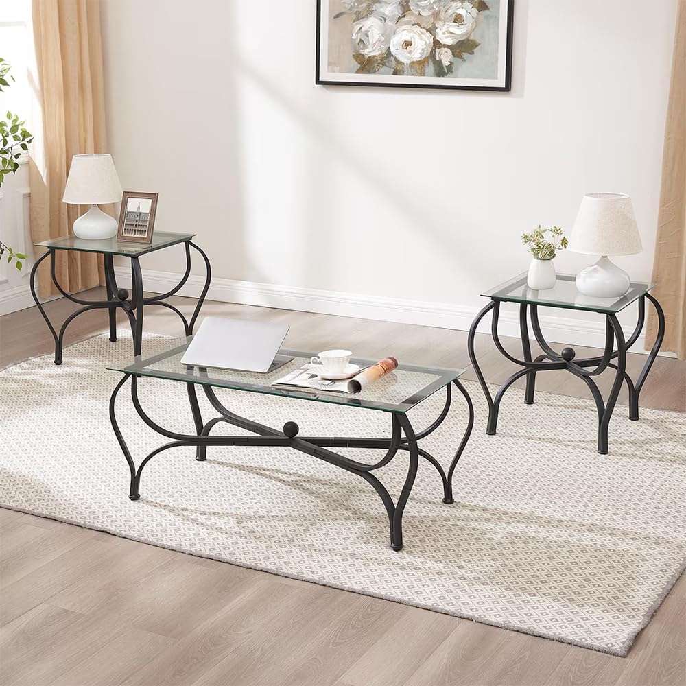 Glass Coffee Table Set of 3 PCS, Coffee Table & Two End Sofa Side Tables with Metal Frame & Tempered Glass Surface for Living Room, Apartment, Black