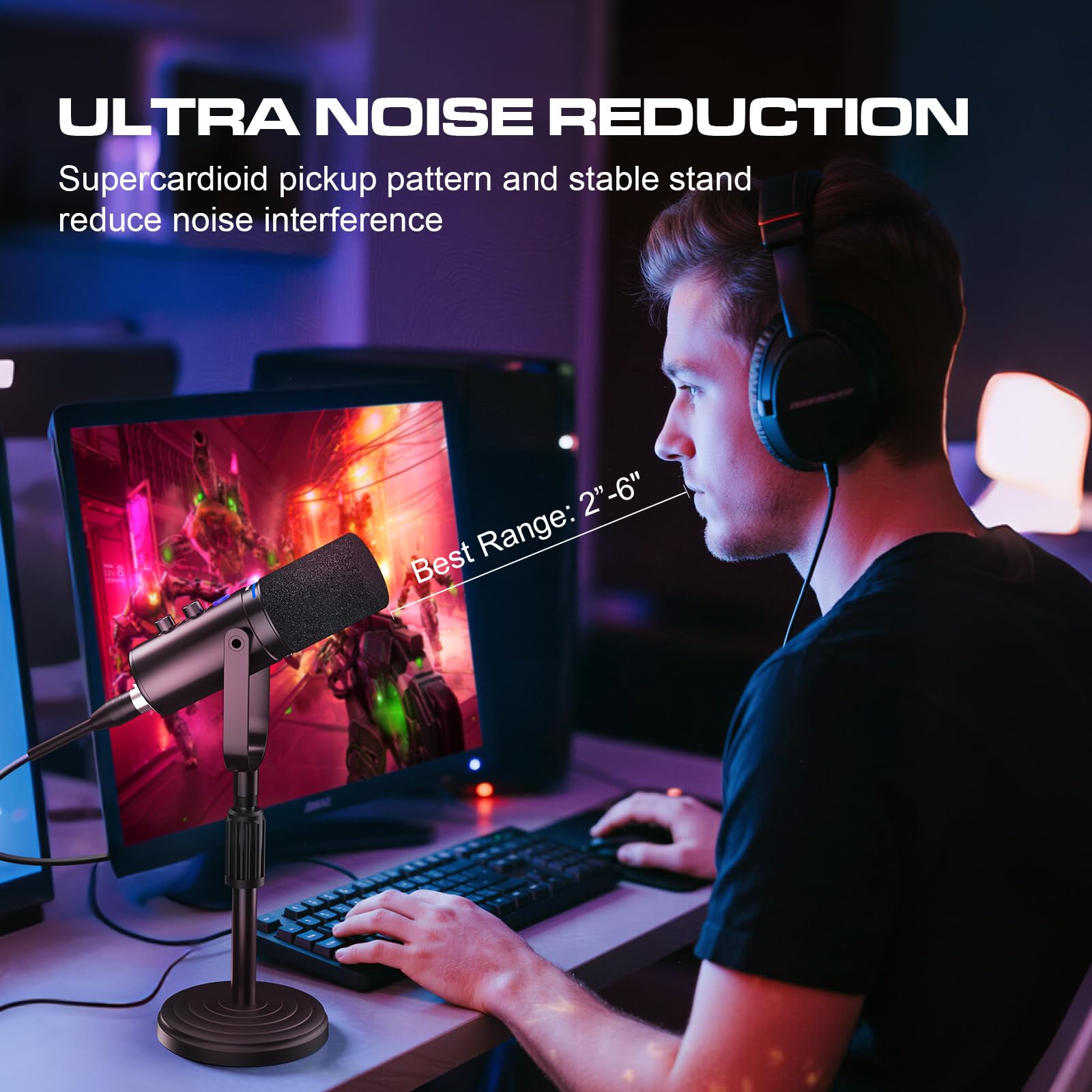 PUPGSIS Microfono per PC con registrazione podcast, microfono dinamico con pulsante mute, effetti riverbero, jack per cuffie, supporto da tavolo, uscite USB-C e XLR, microfono USB per giochi