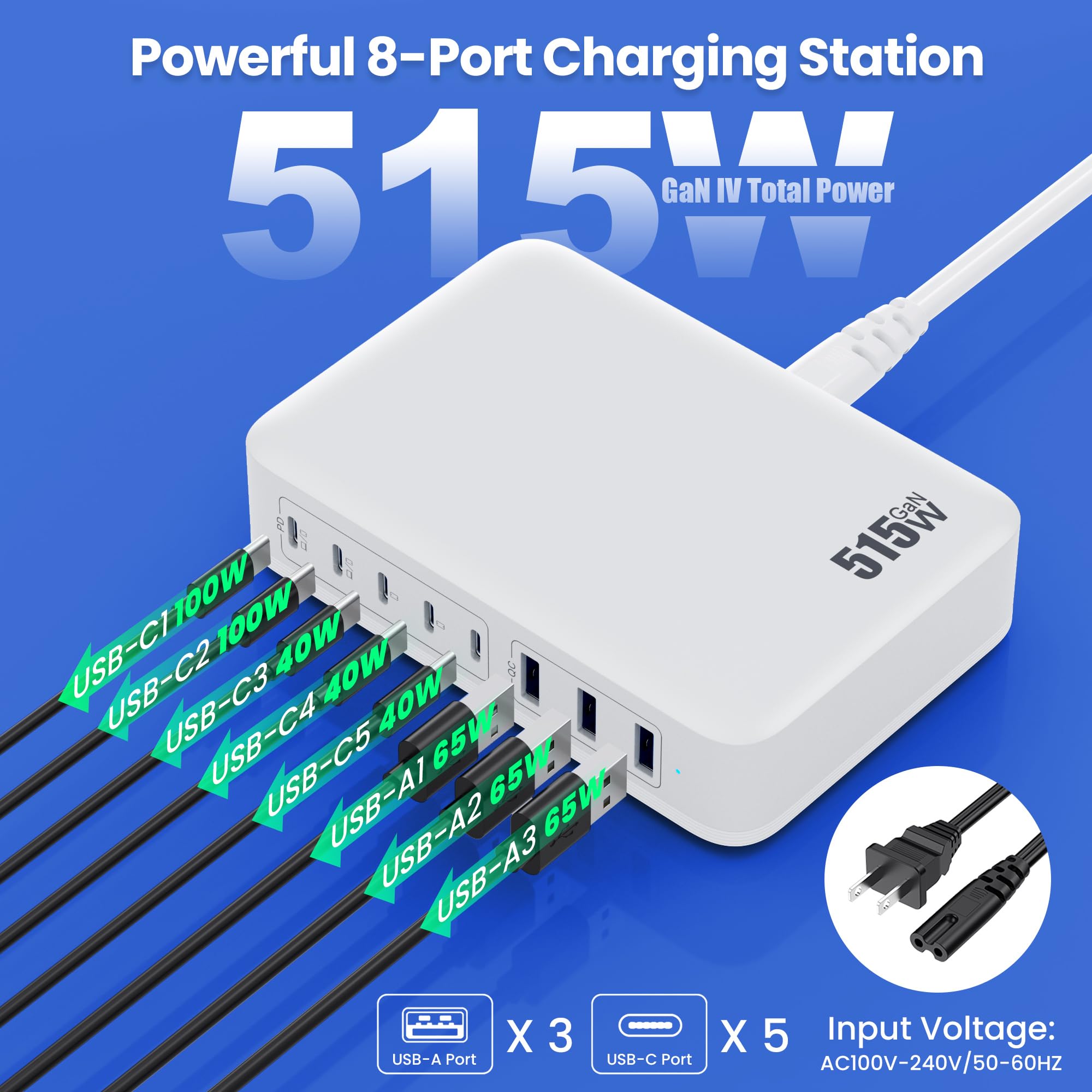 USB C Charger Block 515W[2025 Upgraded] GaN IV 8 Port Fast Charging Station Hub,Dual PD 100W USB C Laptop Charger Compatible with MacBook Pro/Air,iPad,iPhone 16/15,Galaxy S23/S24 Steam Deck Dell XPS