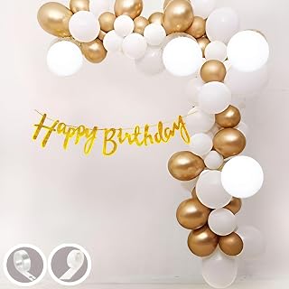 Birthday Decoration Items Gold and White Theme Combination for Boys Girls Men Women Kids 30 Pcs Gold White Color Balloons Gold Happy Birthday Cursive Glitter Banner Arch Tape Glue Dots