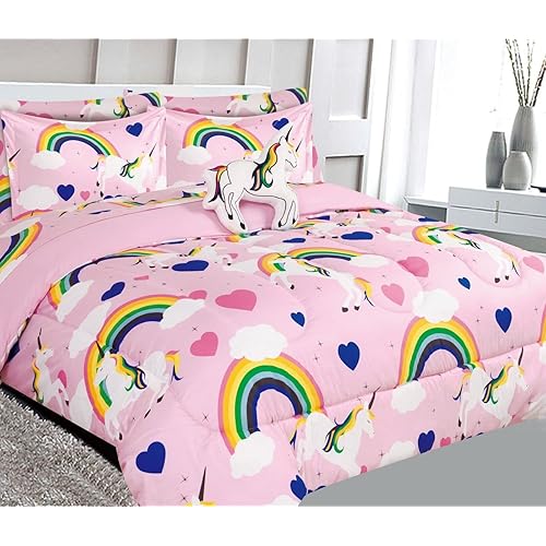 6 Piece Twin Girl Boy Teenager Toodler Comforter Bedding Bed in a Bag Complete Set Printed Comforter Sheets Pillowsham and Decorative Pillow (Unicorn Rainbow)