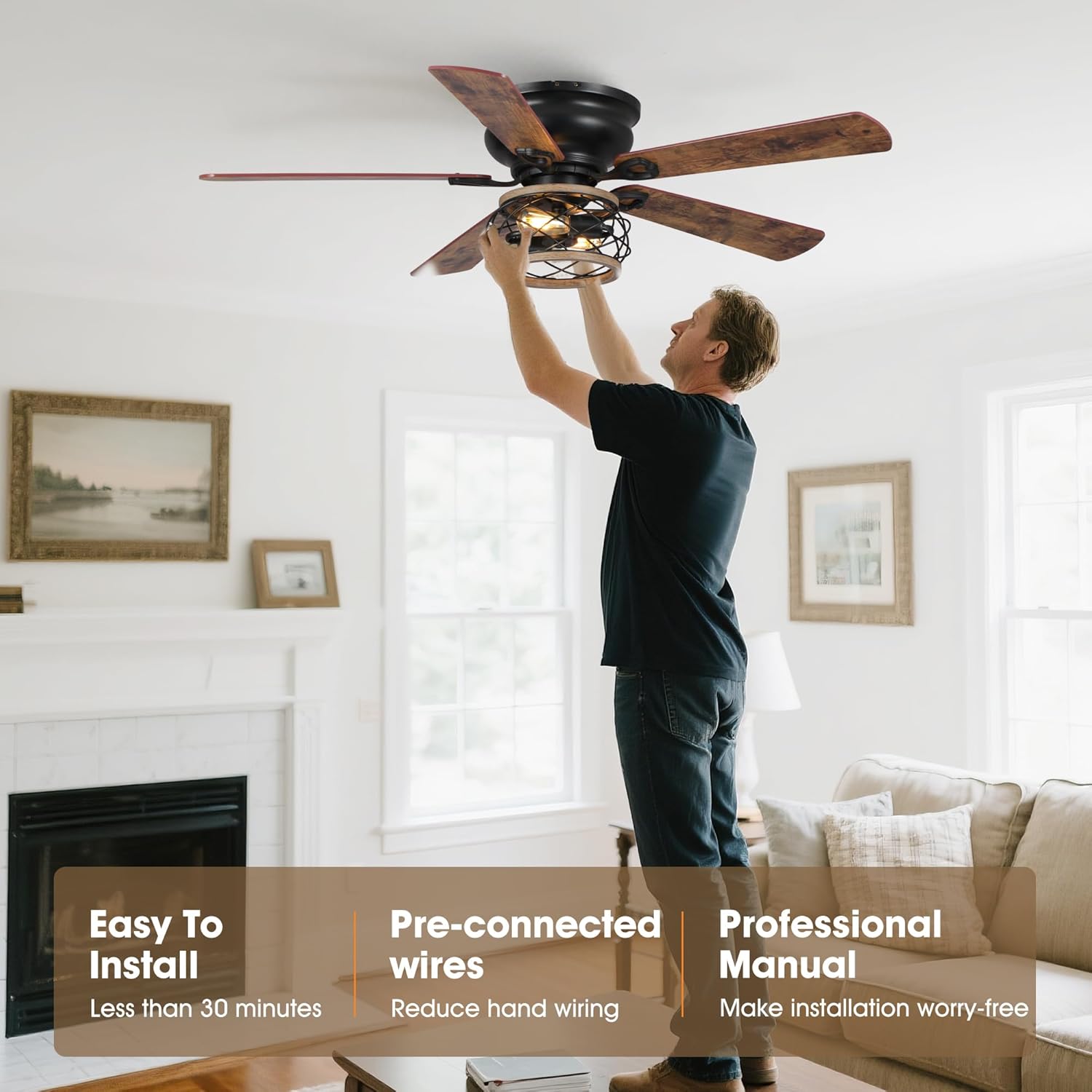 Parrot Uncle Ceiling Fans with Lights and Remote, Farmhouse Flush Mount Ceiling Fans for Bedroom Living Room, UL Listed Rustic Low Profile Fan Indoor Outdoor, Reversible AC Motor, 5 Wood Blades