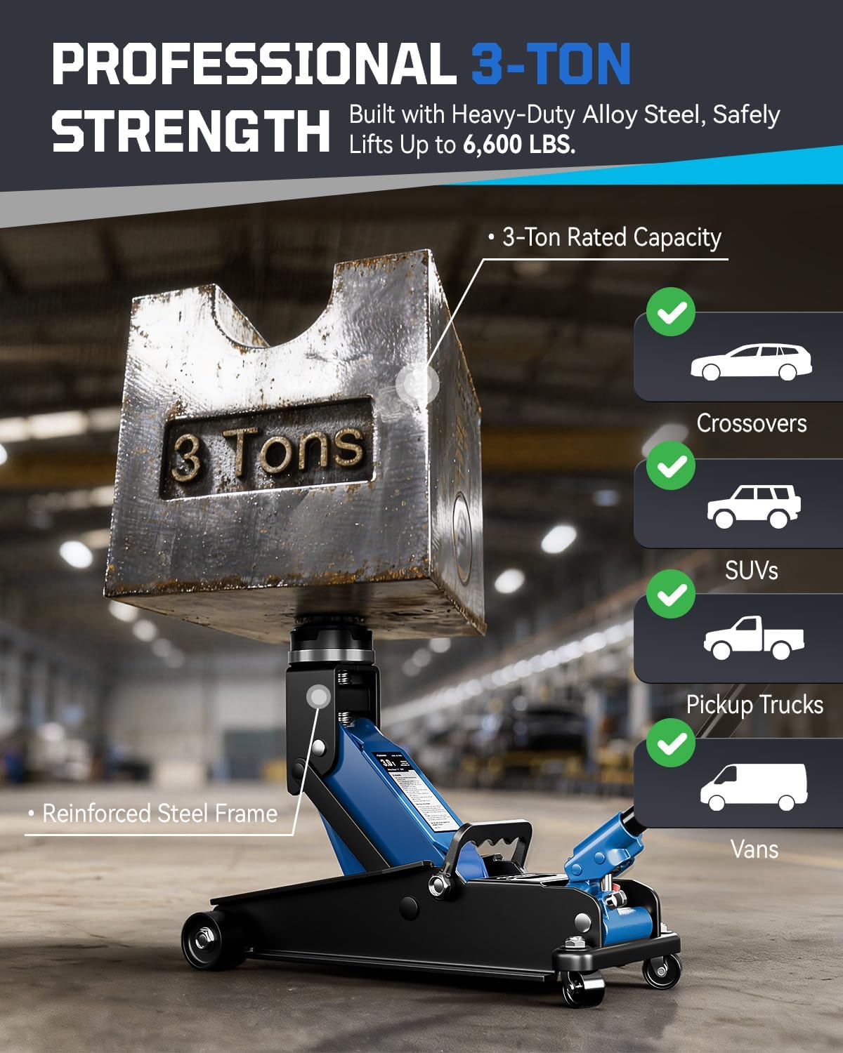 AUTOWN 3 Ton Floor Jack, Alloy Steel Hydraulic Car Jack with Quick Lift & Cross-Shape Rubber Pad, 7.1-20.9 Inch Lifting Range for SUV Truck (6600 lbs)