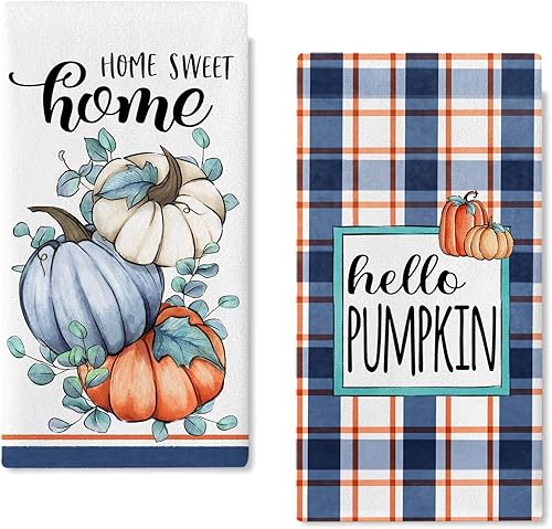 Seliem Fall Hello Pumpkin Patch - Juego de 2 paños de cocina con parches de calabaza, toallas de mano para secar y hornear, decoración de cocina
