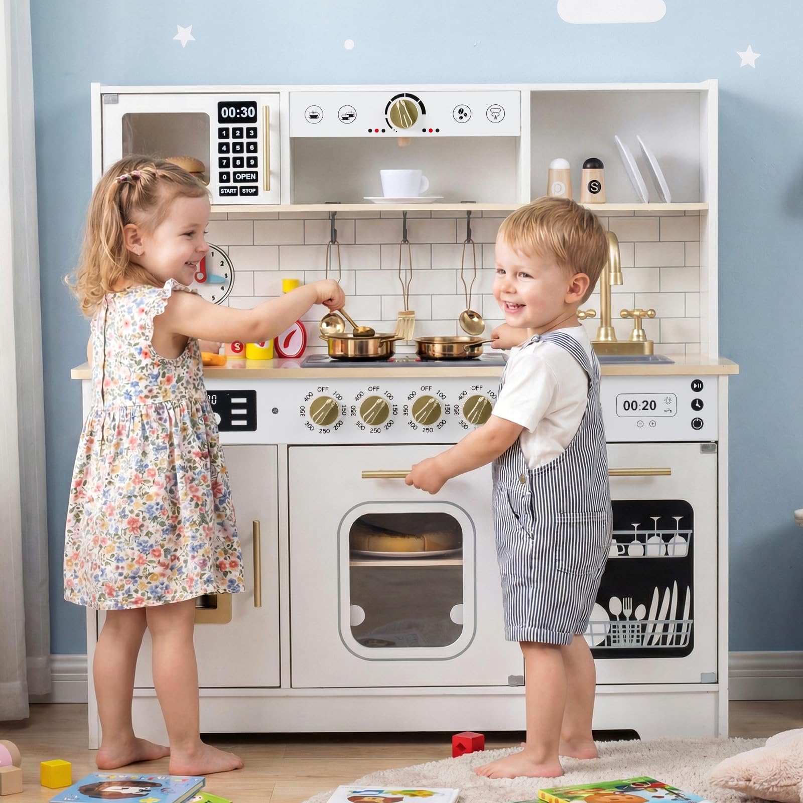 COSTWAY Cucina Giocattolo per Bambini, Set Cucina in Legno con Luci e Suoni Realistici, Fornelli, Lavandino, Rubinetto, Forno, Microonde e Macchina del Caffè, per Bambini 3+ Anni (Bianco)