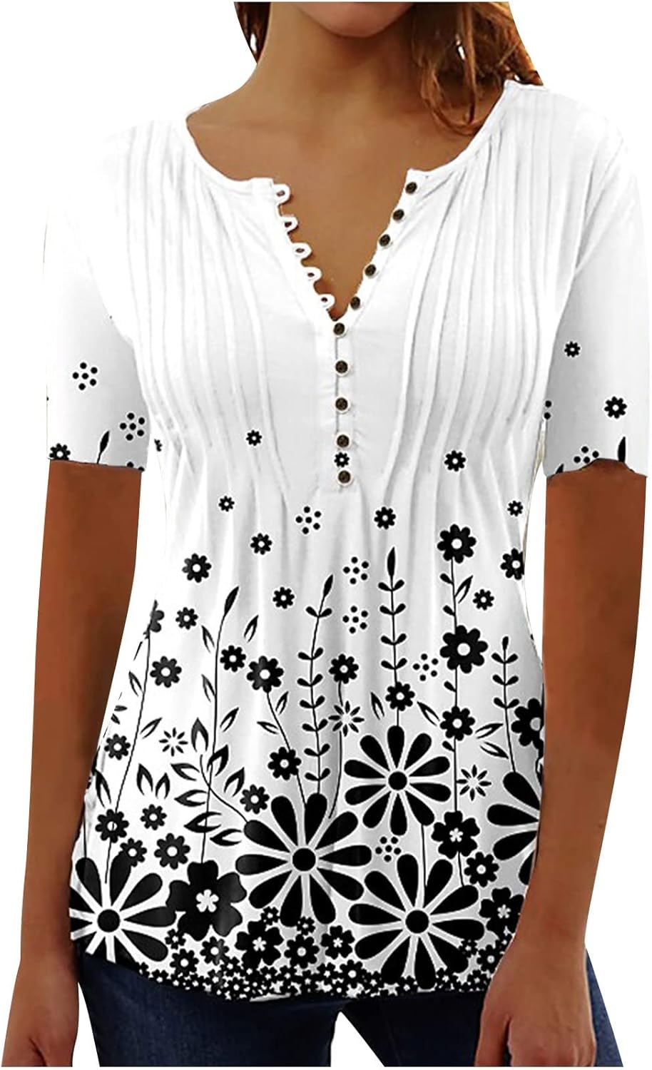 Blouse for Women Dressy Casual Summer Henley Shirts Short Sleeve Tunics Tshirt Plus Size Printed Boho T-Shirt Tops