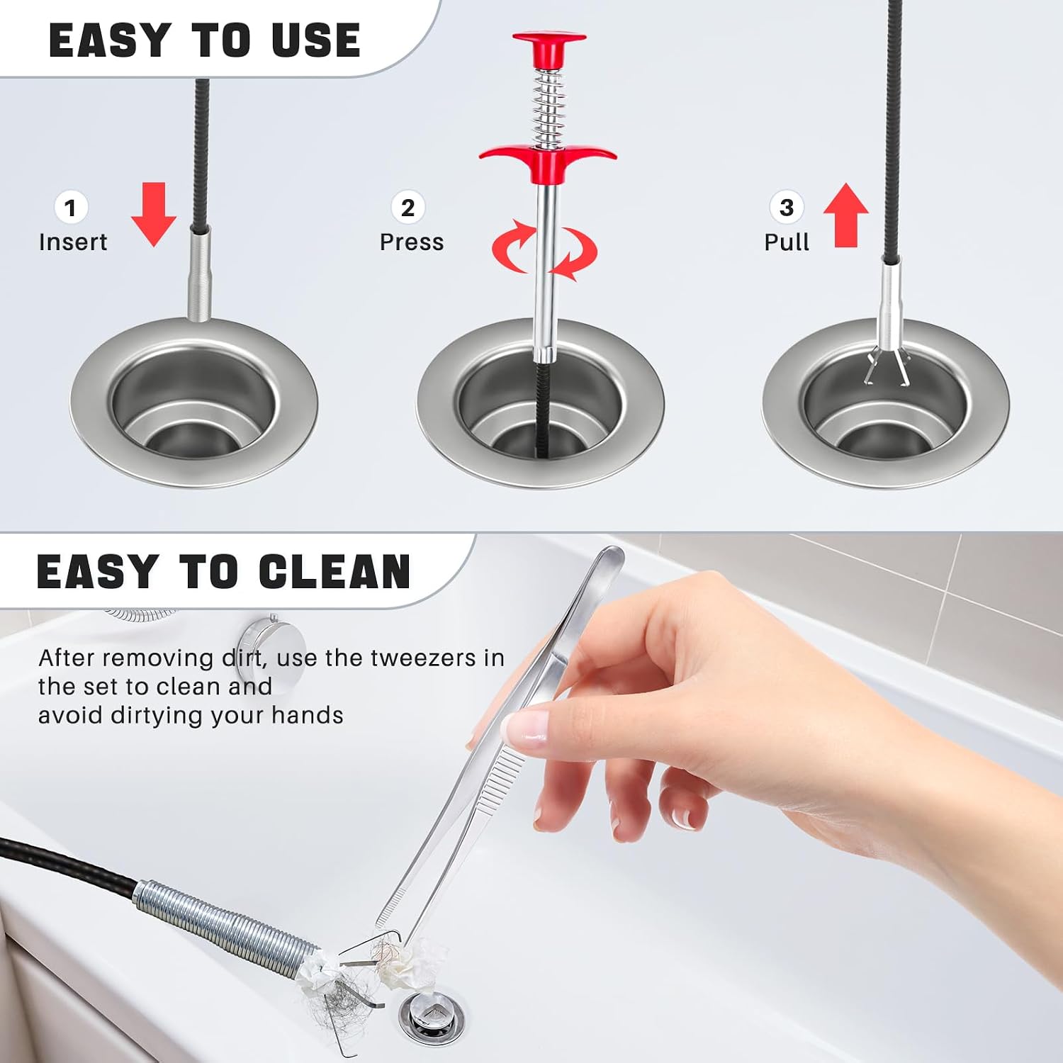 Tweezers Drain Clog Remover Tool, 61-Inch Flexible Grabber Claw Drain Snake | Includes Tweezers and 4-Claw Bendable Plumbing Reacher for Sink, Shower, Tub, Toilet, Sewer, Kitchen and Bathroom Pipes