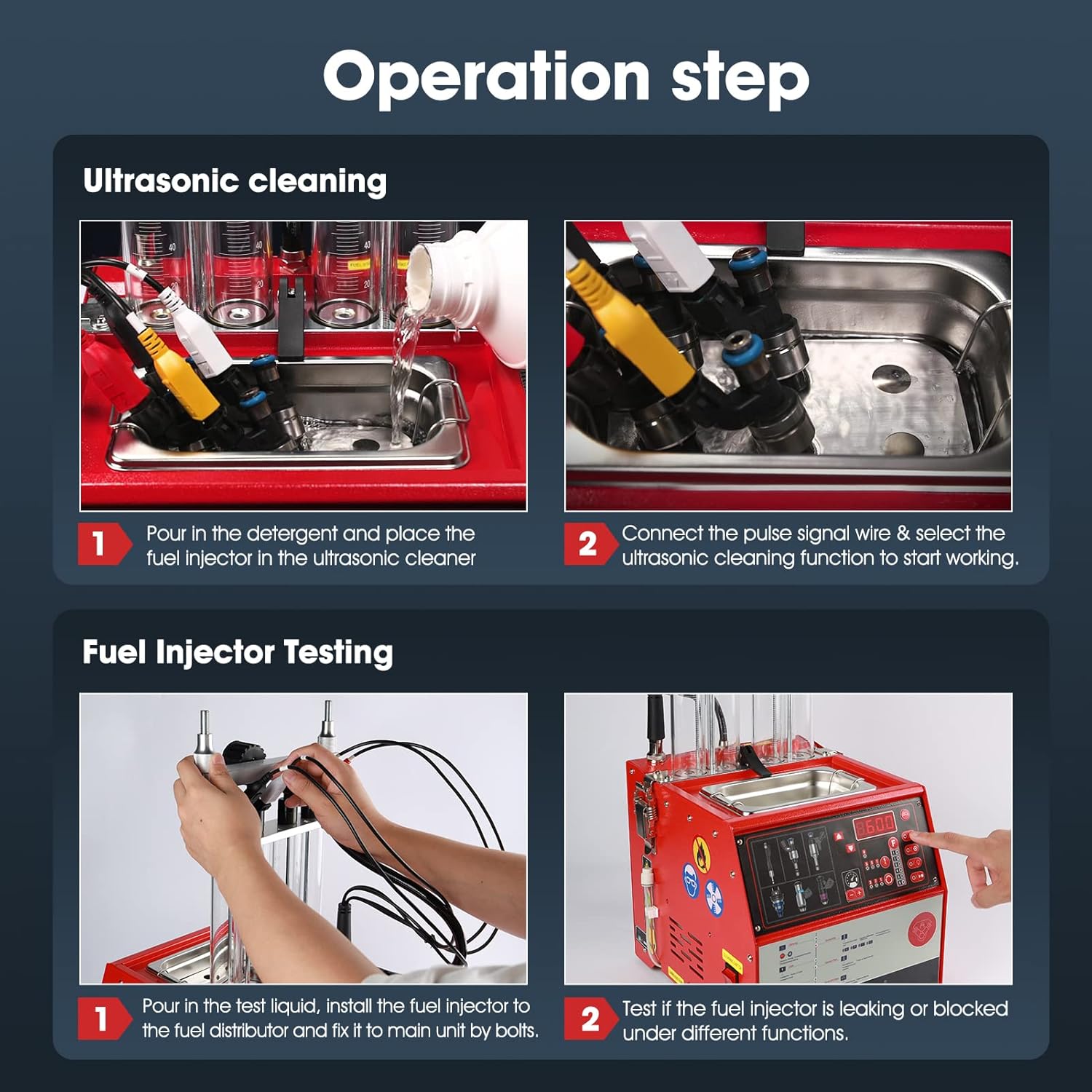 Step-by-step guide for operating the ANCEL AJ400 GDI, showing the process of pouring detergent and connecting the pulse signal wire for ultrasonic cleaning.