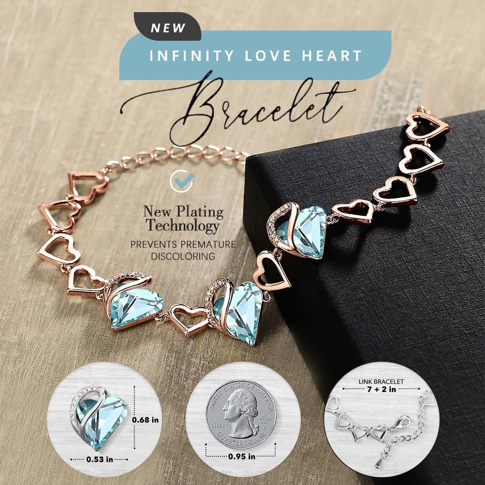 Leafael 18K Rose Gold Plated Love Heart Link Bracelet with Healing Stone Crystal, Jewellery Gifts for Women, 7" Chain + 2" Extender - Image 3