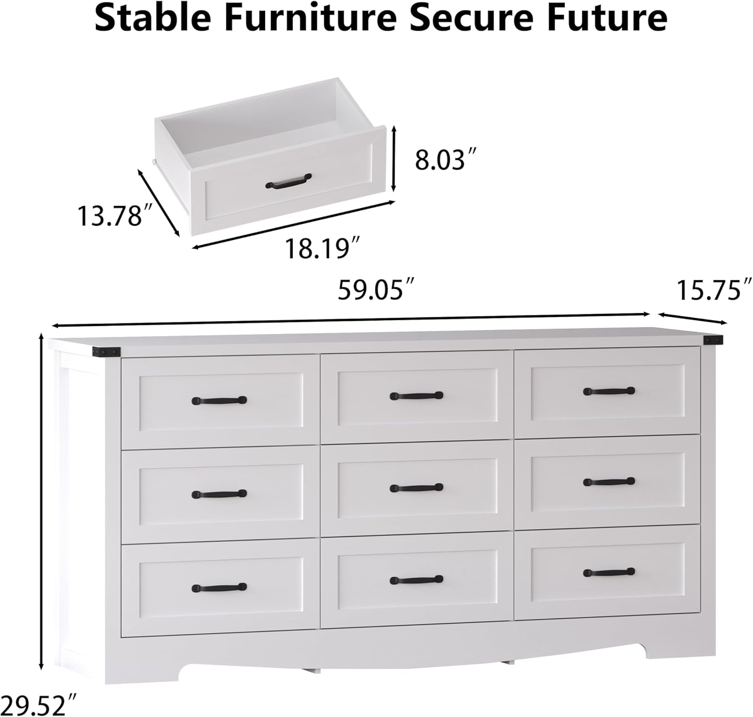 Diagram showing the dimensions of the Thacuok 9-Drawer Dresser and its individual drawers