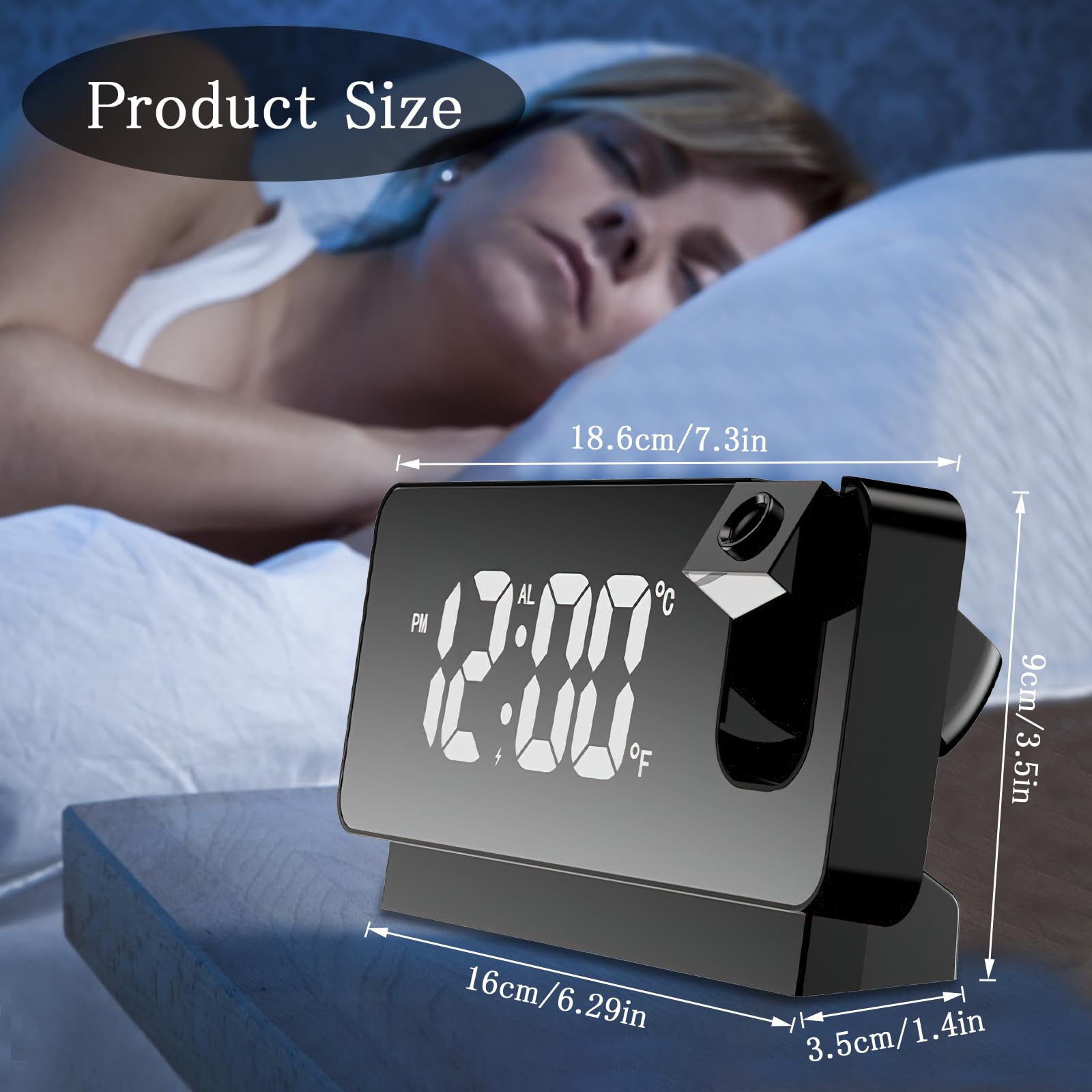 TNSLAND Reloj Despertador con proyección, Despertador con proyección de 180 °, Reloj Despertador LED, Reloj Digital, Reloj Digital con repetición de Doble Gong, Temperatura, Puerto USB, función