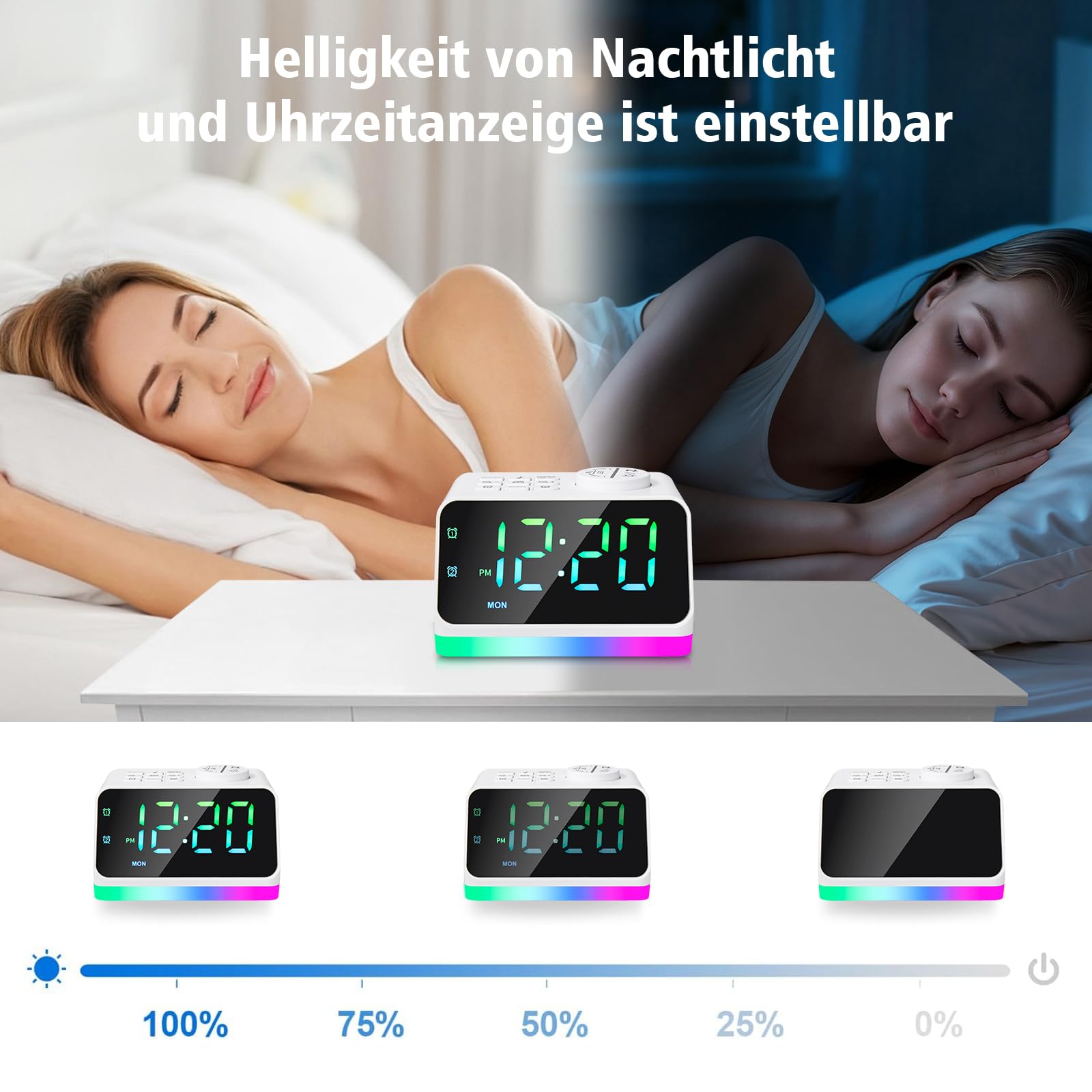 Radio-réveil numérique pour chambre à coucher - Veilleuse 8 couleurs (0 à 100 % à intensité variable), double alarme avec 7 sons d'alarme, minuterie de sommeil flexible (10 à 480 min), 2 ports de