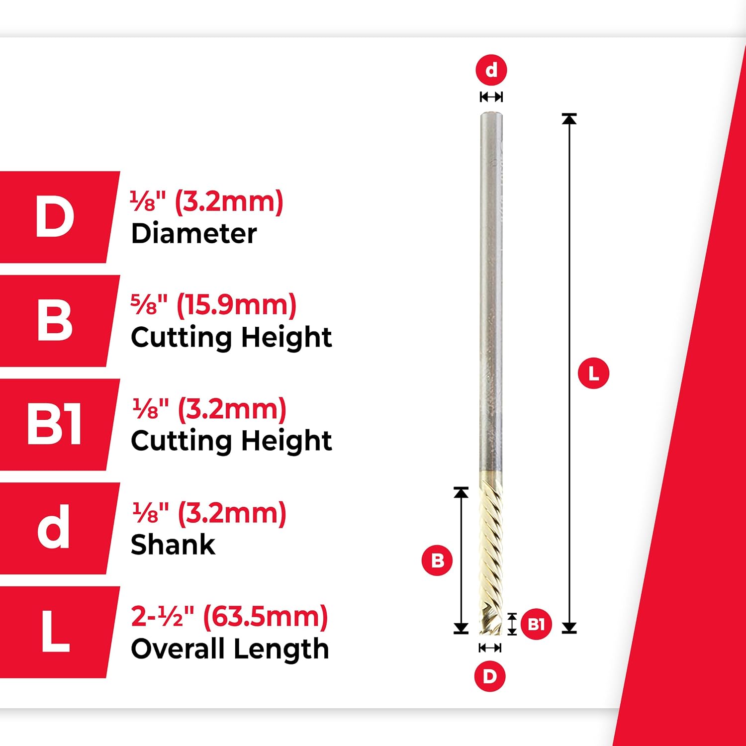 Amana Tool CNC Compression Solid Carbide Honeycomb Cutting Spiral Router Bit, ZrN Coated, 40301, 1/8 D x 5/8 CH x 1/8 SHK x 2-1/2 Inch Long 6-Flute